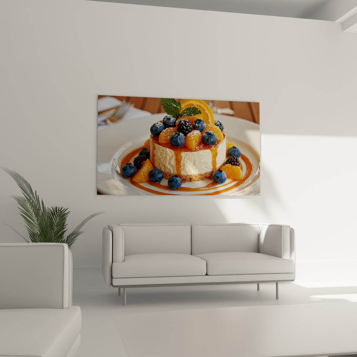 Gâteau fromage frais entouré de mûres foncées et de tranches d'orange, au-dessus d'un canapé dans un salon lumineux