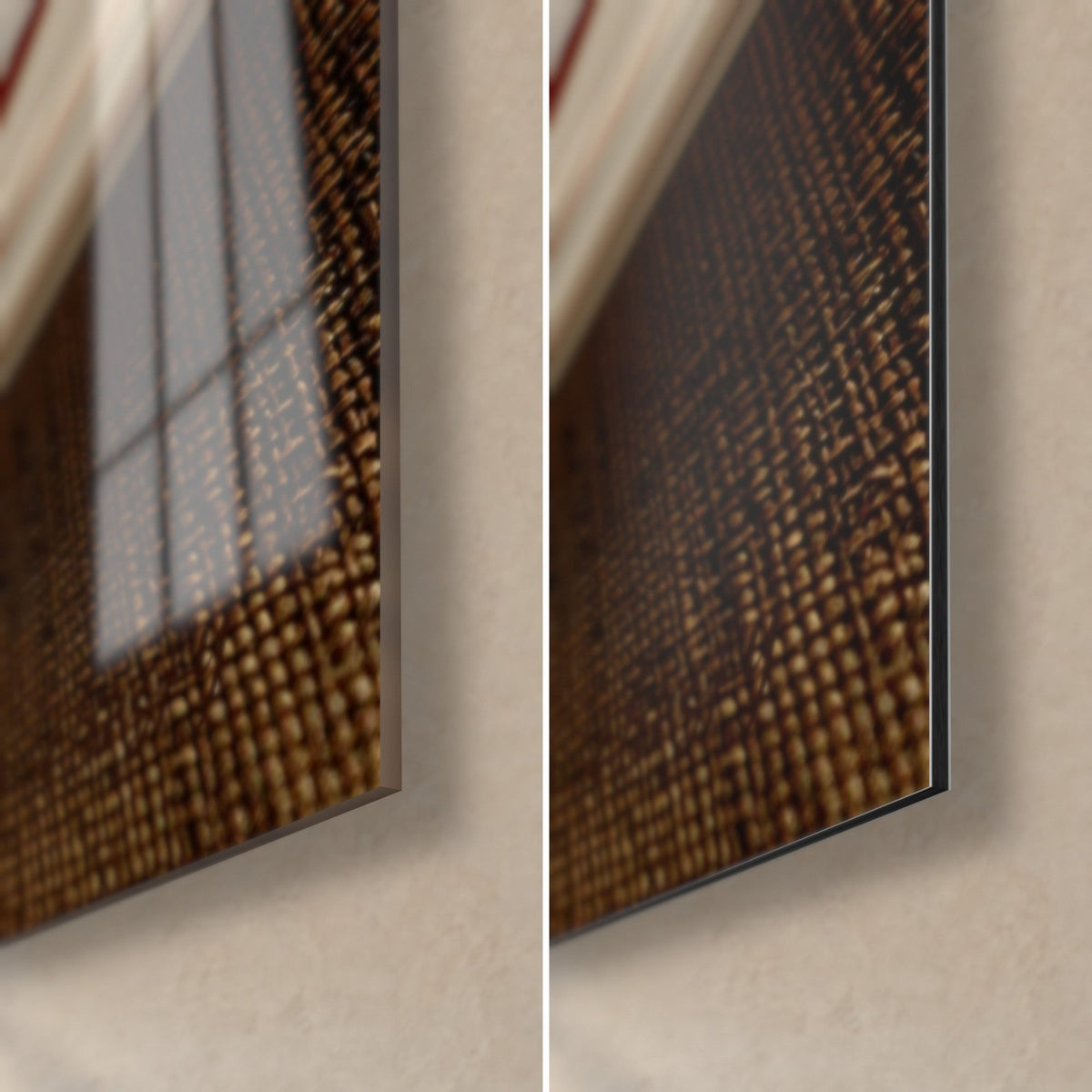Wall art golden breaded croquettes and glossy white plate, bottom right corner: glossy acrylic glass reflecting the window, matt brown Dibond, 3 mm edge