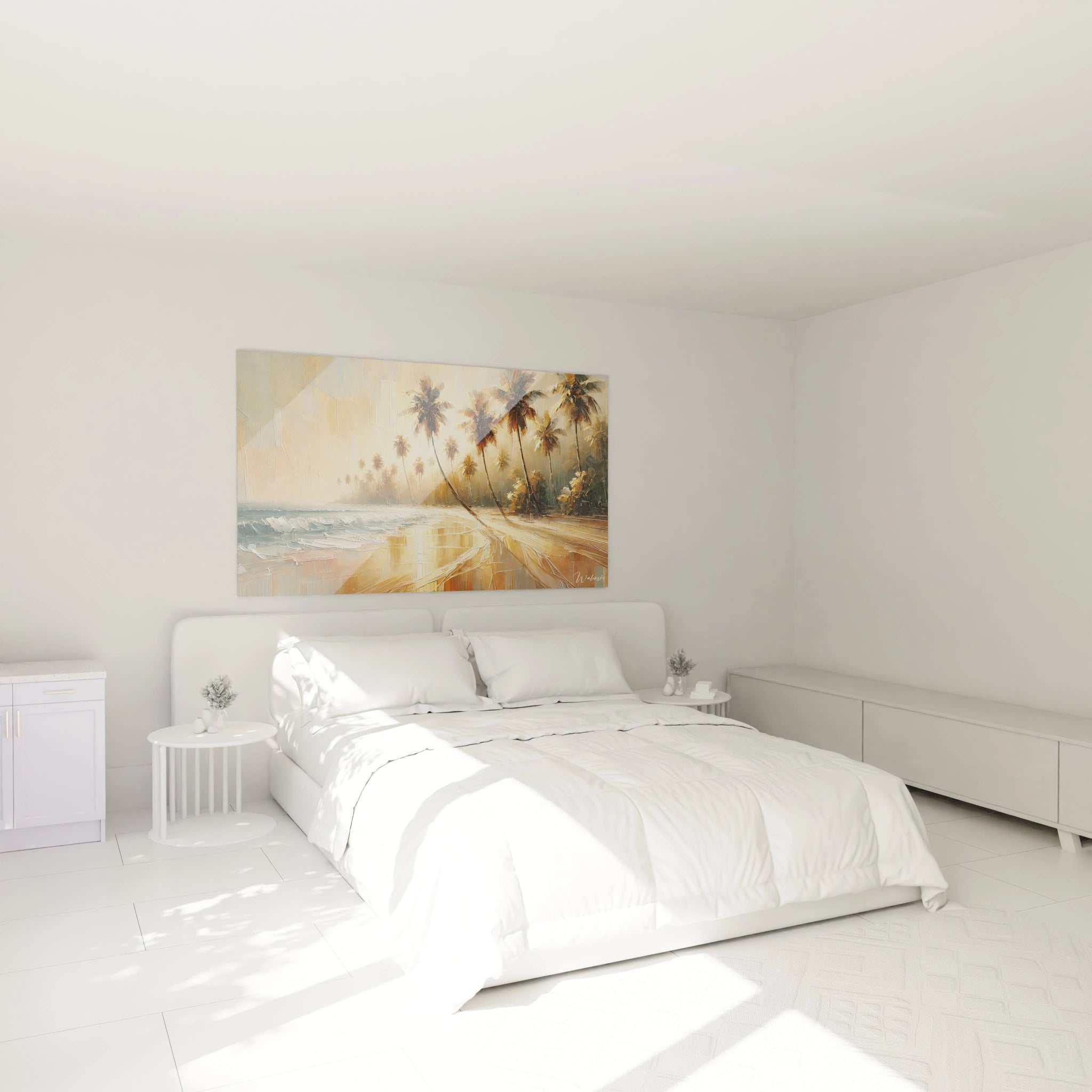 Dans cette chambre, le tableau plage apporte une ambiance apaisante au-dessus du lit, invitant à la rêverie avec ses couleurs chaudes et son atmosphère méditative.