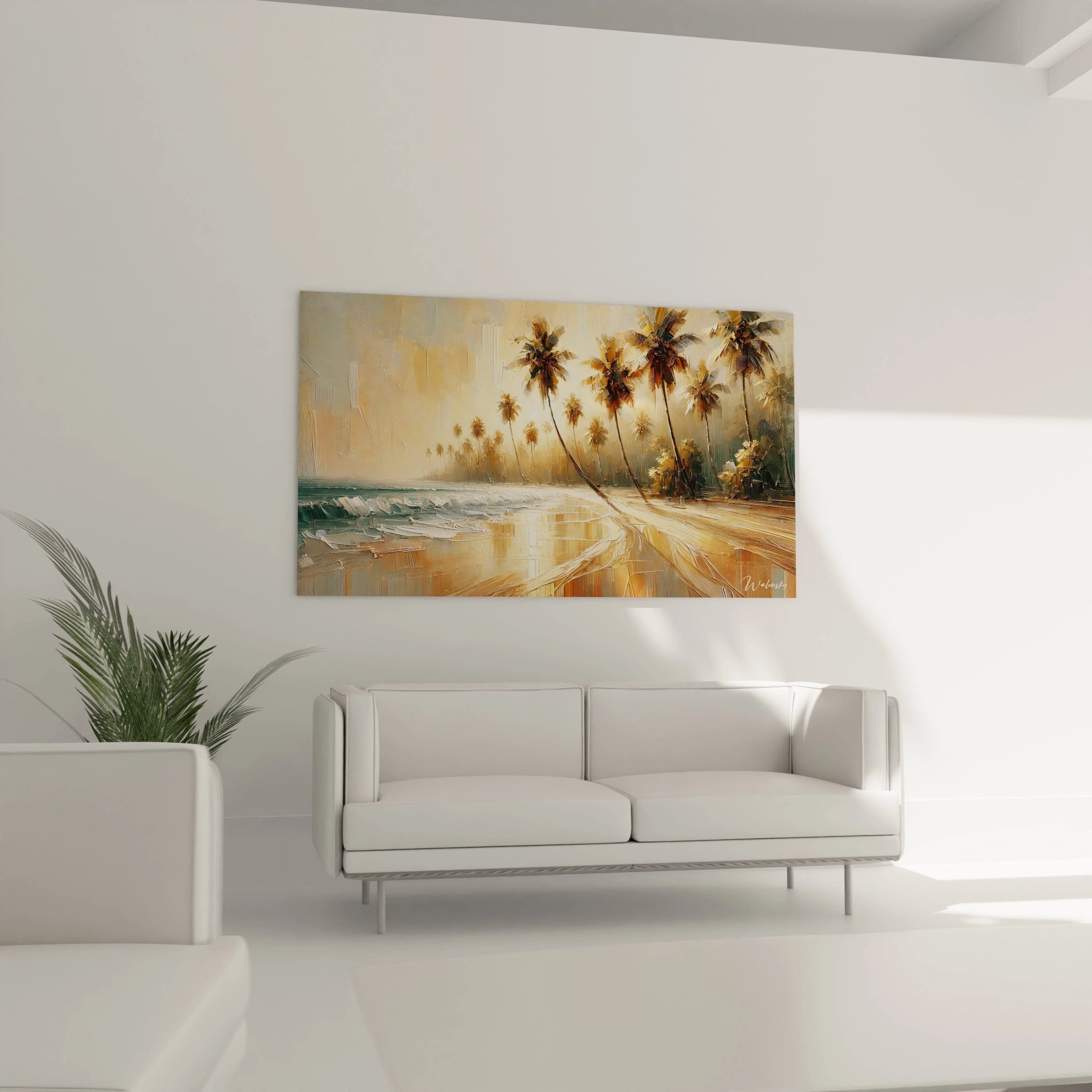 Accroché au-dessus du canapé, ce tableau plage éveille le salon avec sa beauté intemporelle. Les palmiers et les vagues créent une ambiance relaxante et harmonieuse.