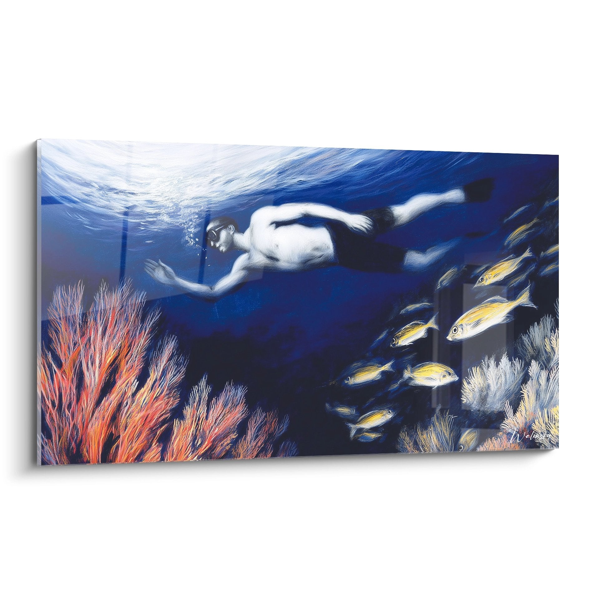 Tableau mural plongeur sous-marin explorant coraux colorés et poissons tropicaux art fonds marins décoratif