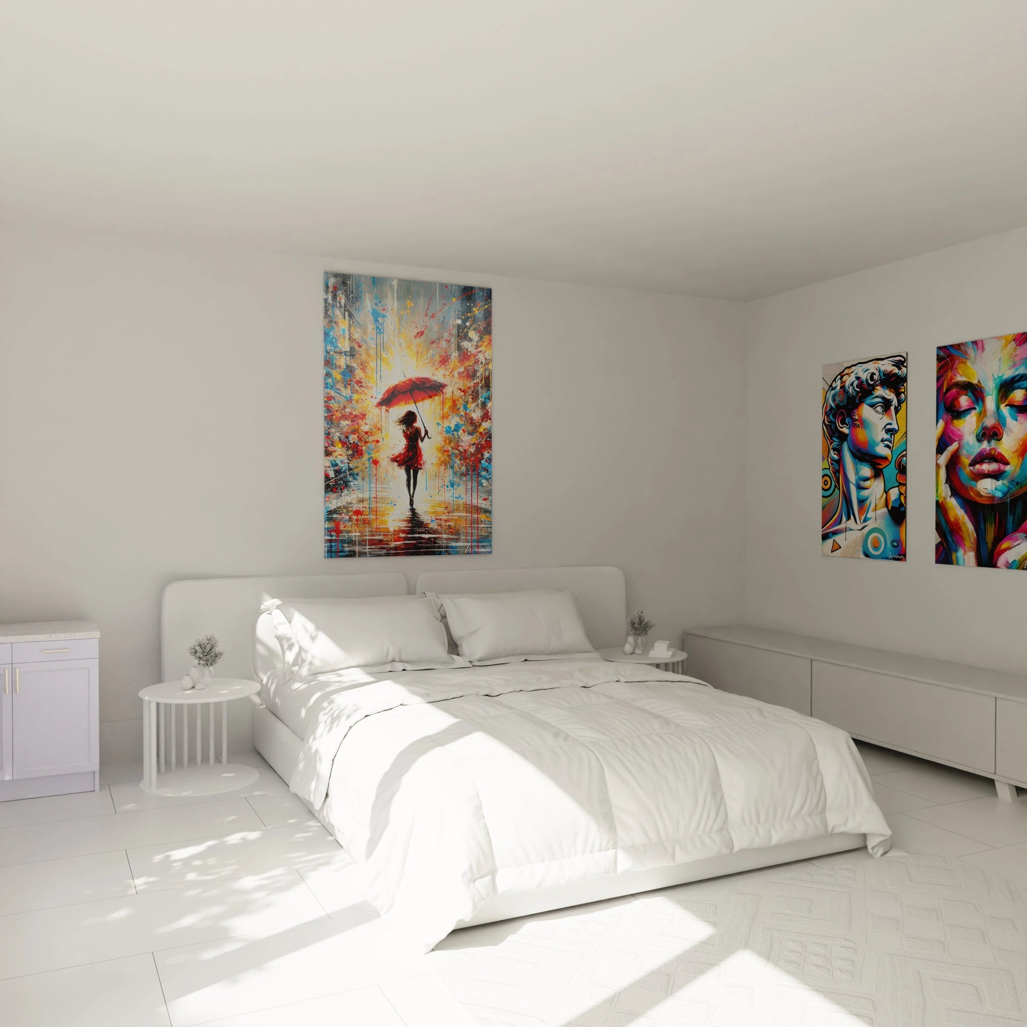 Sublimez votre chambre avec ce tableau vibrant, où une femme en robe rouge marche sous la pluie, ajoutant une touche artistique et colorée à votre espace.