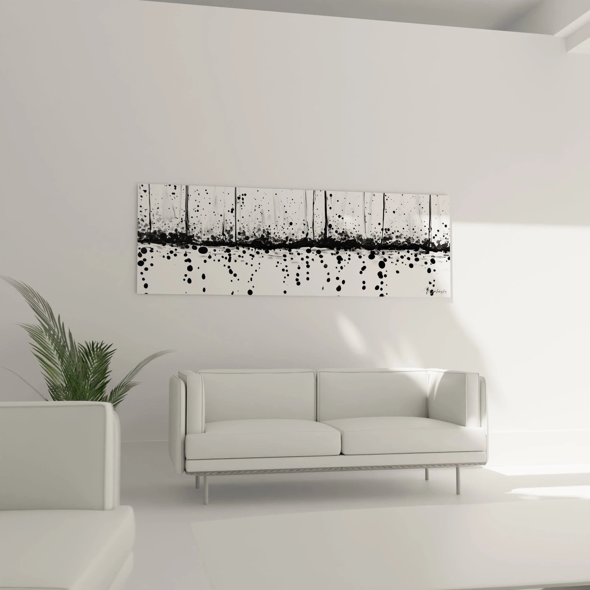 Tableau tacheté noir et blanc de Walensky sur un mur moderne au-dessus d'un canapé