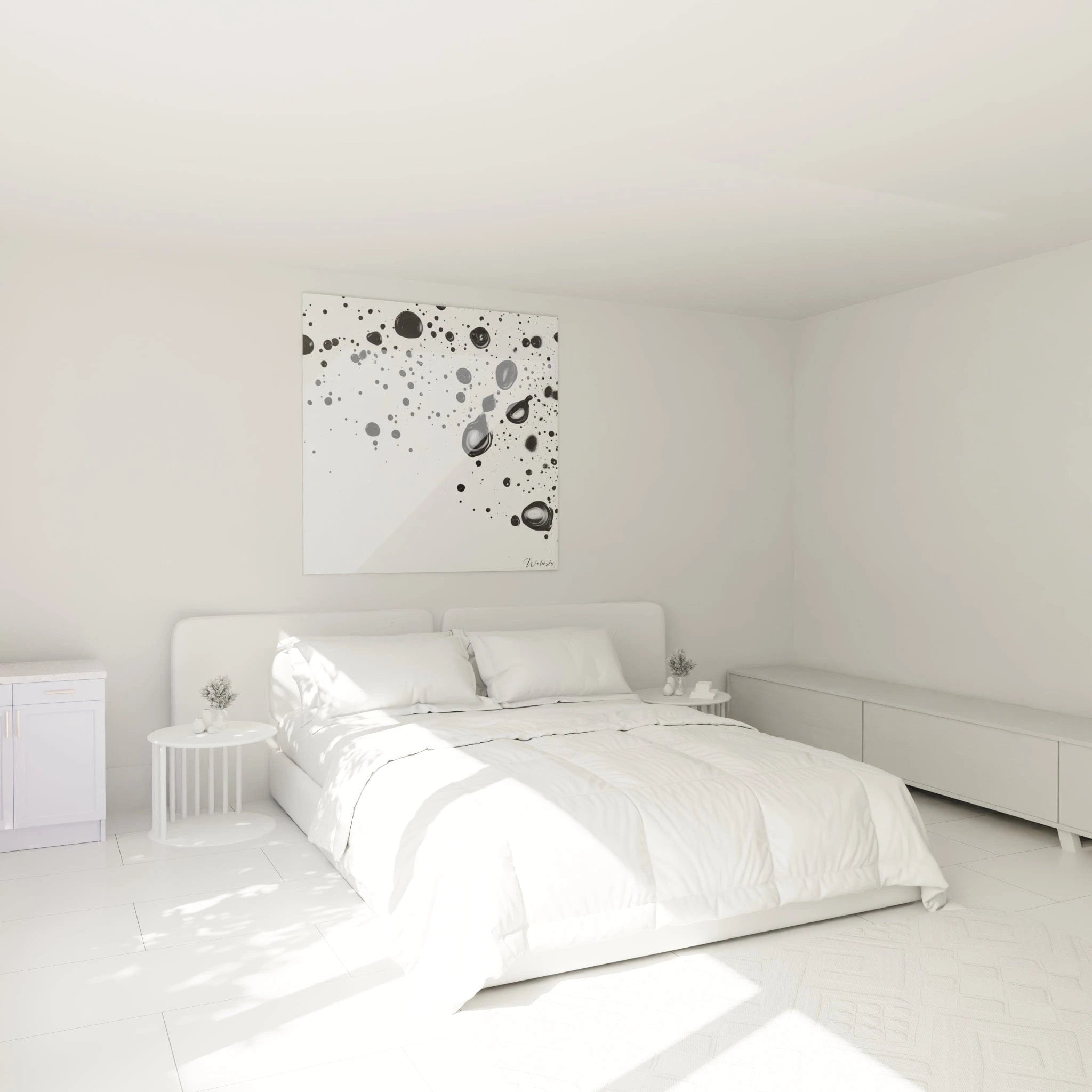 Tableau tacheté noir et blanc de Walensky accroché au mur d'une chambre lumineuse et moderne