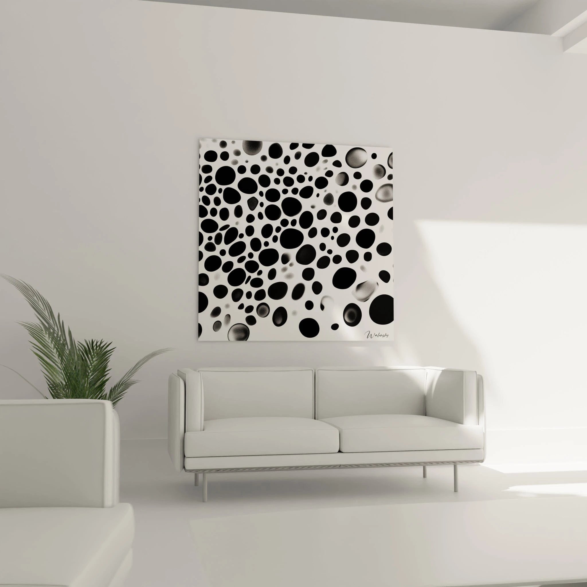 Tableau tacheté noir et blanc de Walensky avec un design moderne accroché dans un salon minimaliste