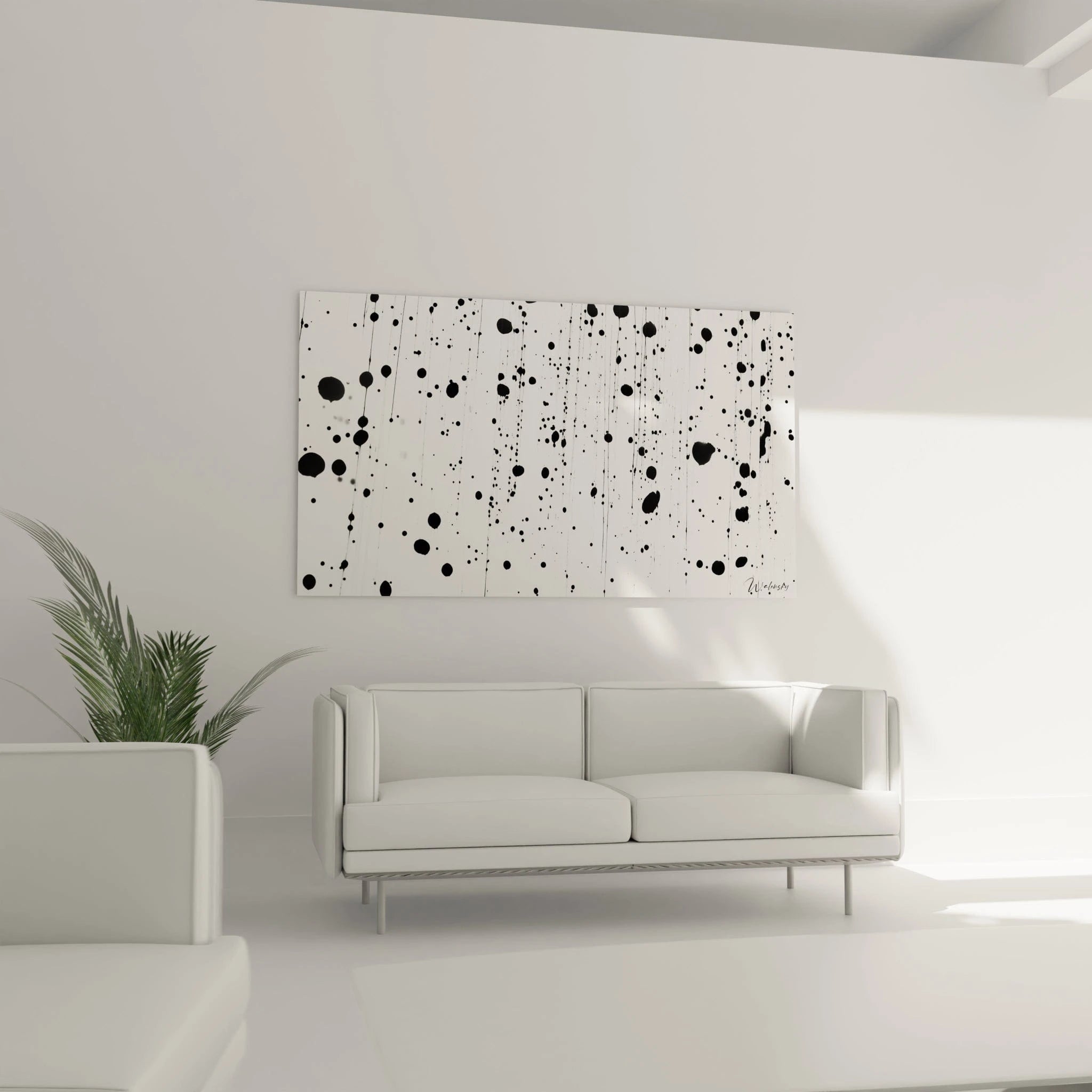 Tableau tacheté noir et blanc de Walensky décorant un salon moderne avec canapé contemporain