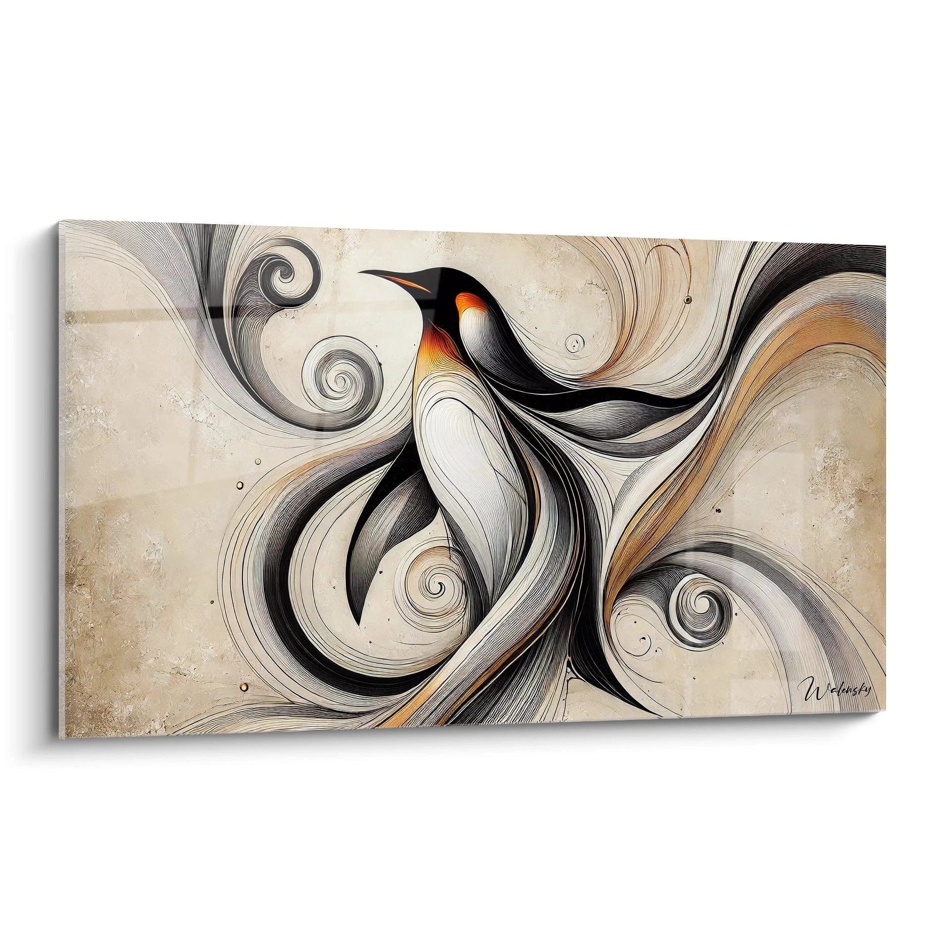 Ce tableau manchot explore la fluidité des lignes abstraites, représentant l’elegance cachée du manchot dans un tourbillon de courbes et de spirales. Une œuvre captivante à contempler sous tous les angles.