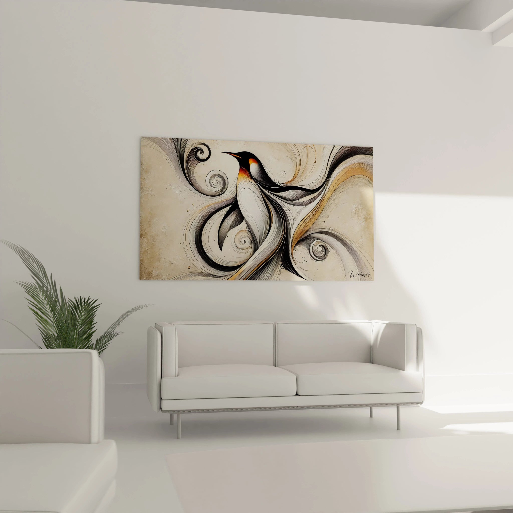 Dans ce salon, le tableau manchot suspendu au-dessus du canapé devient le centre d’attention, mariant abstraction et grâce animale. Les teintes douces et les courbes fluides créent une ambiance élégante.