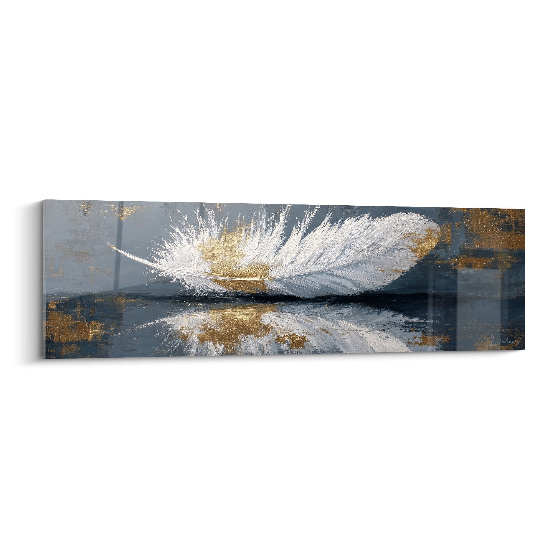 White and gold feather canvas with reflection on blue-grey background Plume Edition wall art decoration