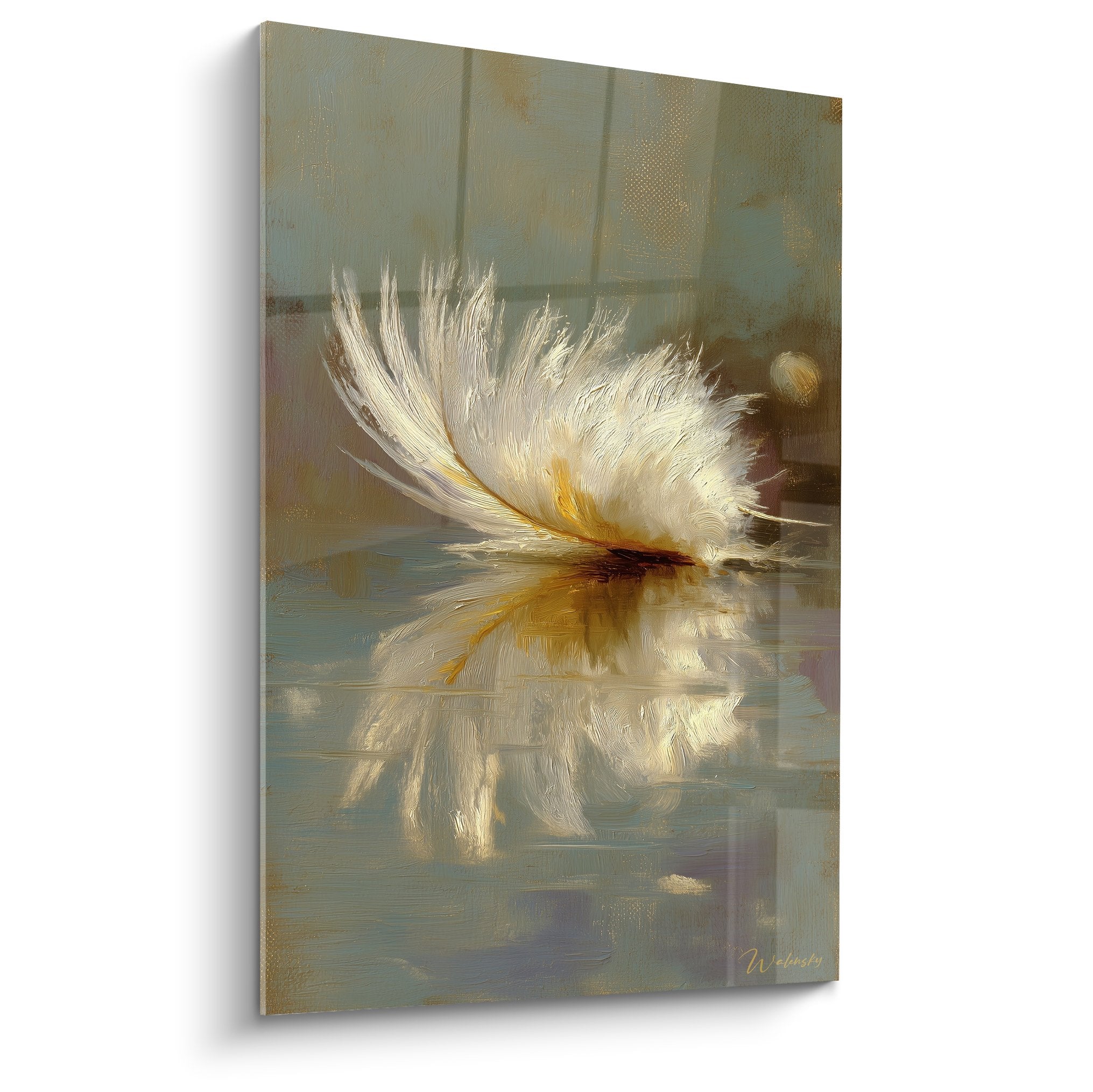 White feather painting with golden reflections floating on calm water beige tones Feather Edition
