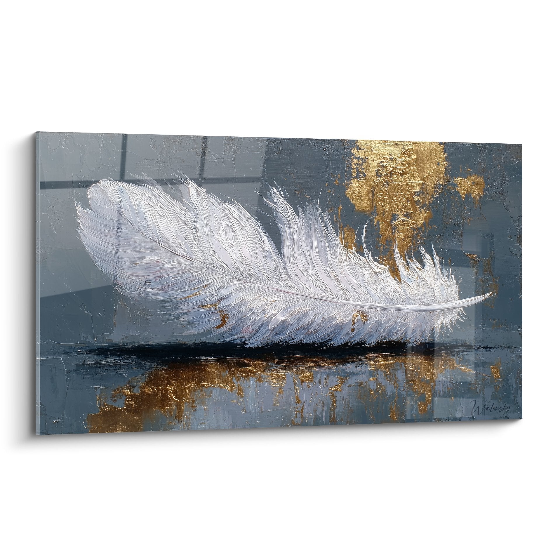 Delicate white feather painting on blue-grey background with golden reflections, minimalist contemporary art feather edition
