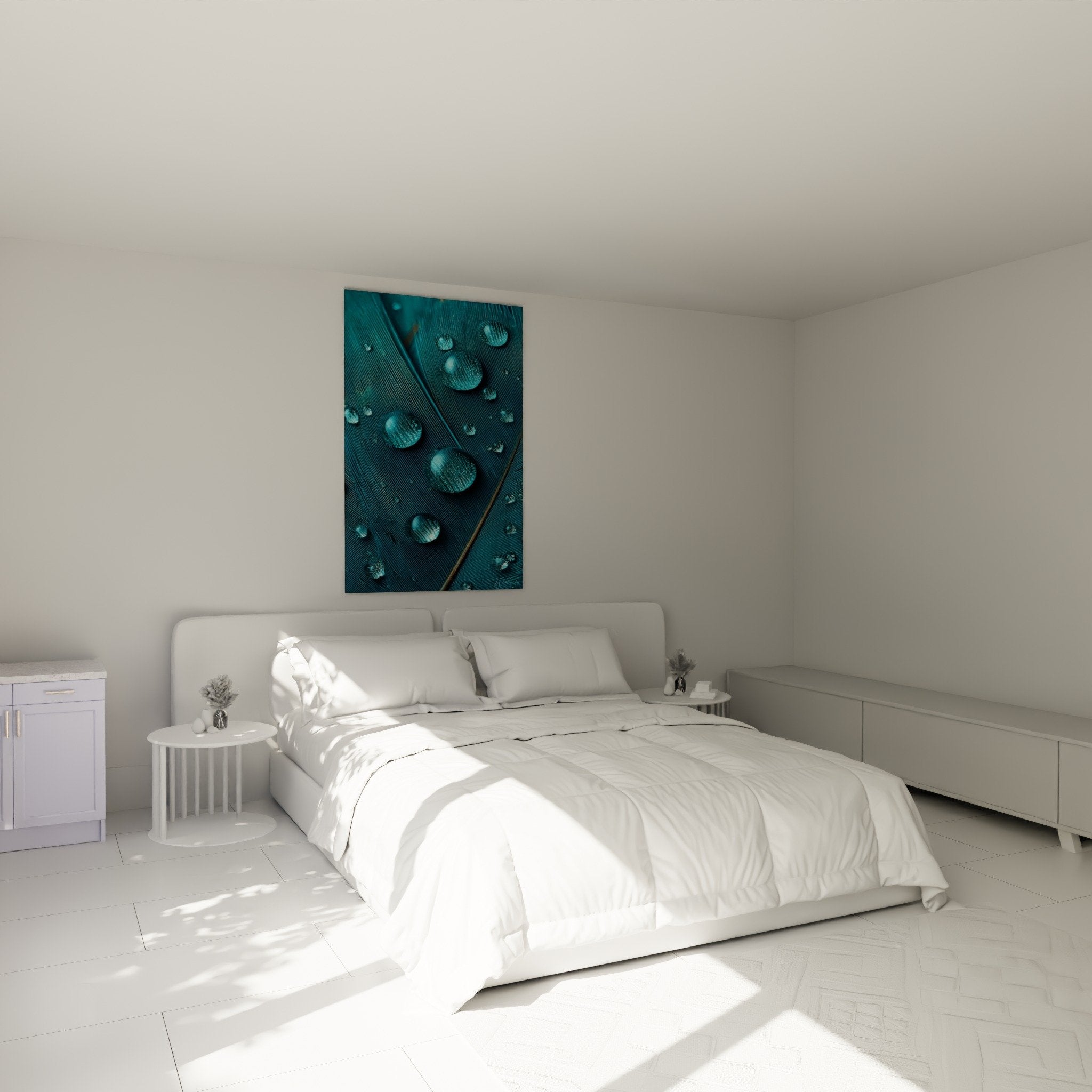 Tableau plume turquoise gouttes eau dans chambre moderne - décoration murale apaisante Edition Plume