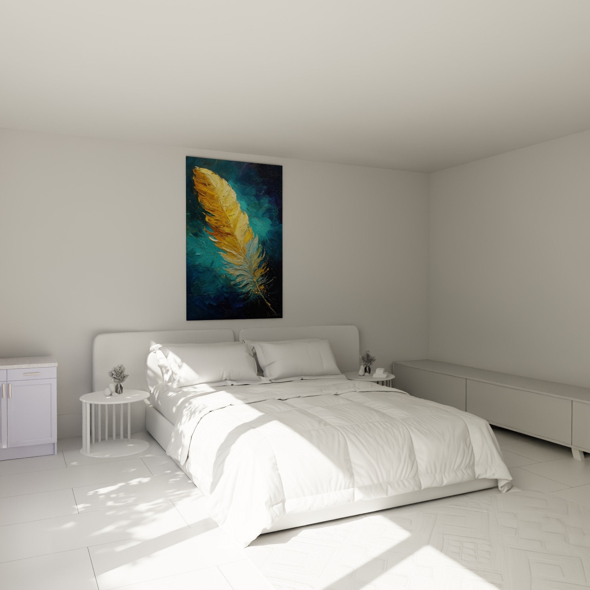 Tableau plume dorée bleu turquoise dans chambre moderne décoration murale élégante