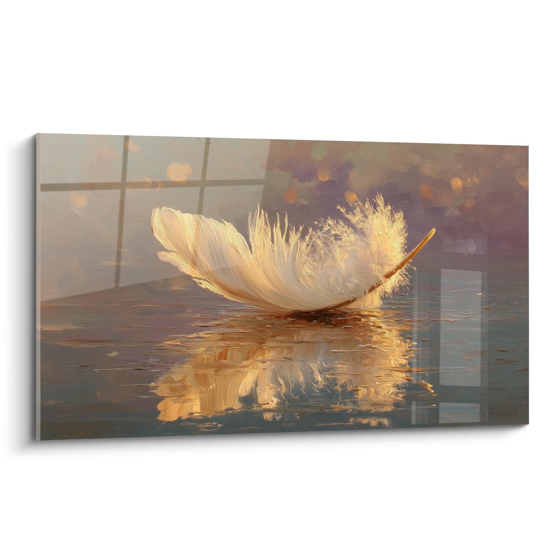 Tableau plume doree flottant sur eau avec reflets lumineux tons chauds decoration murale edition plume
