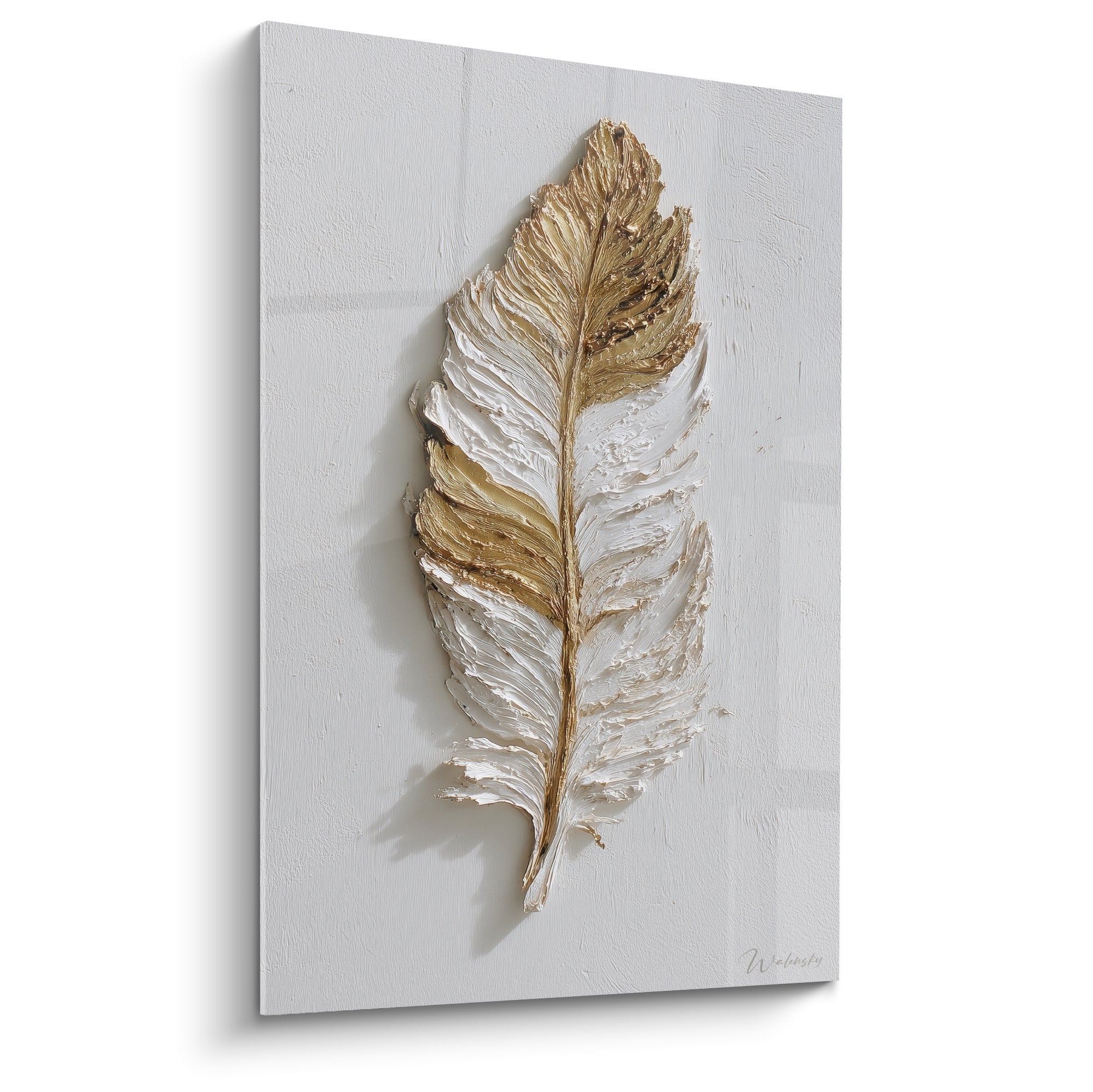 Tableau mural plume doree et blanche en relief texture sur fond gris art decoratif moderne