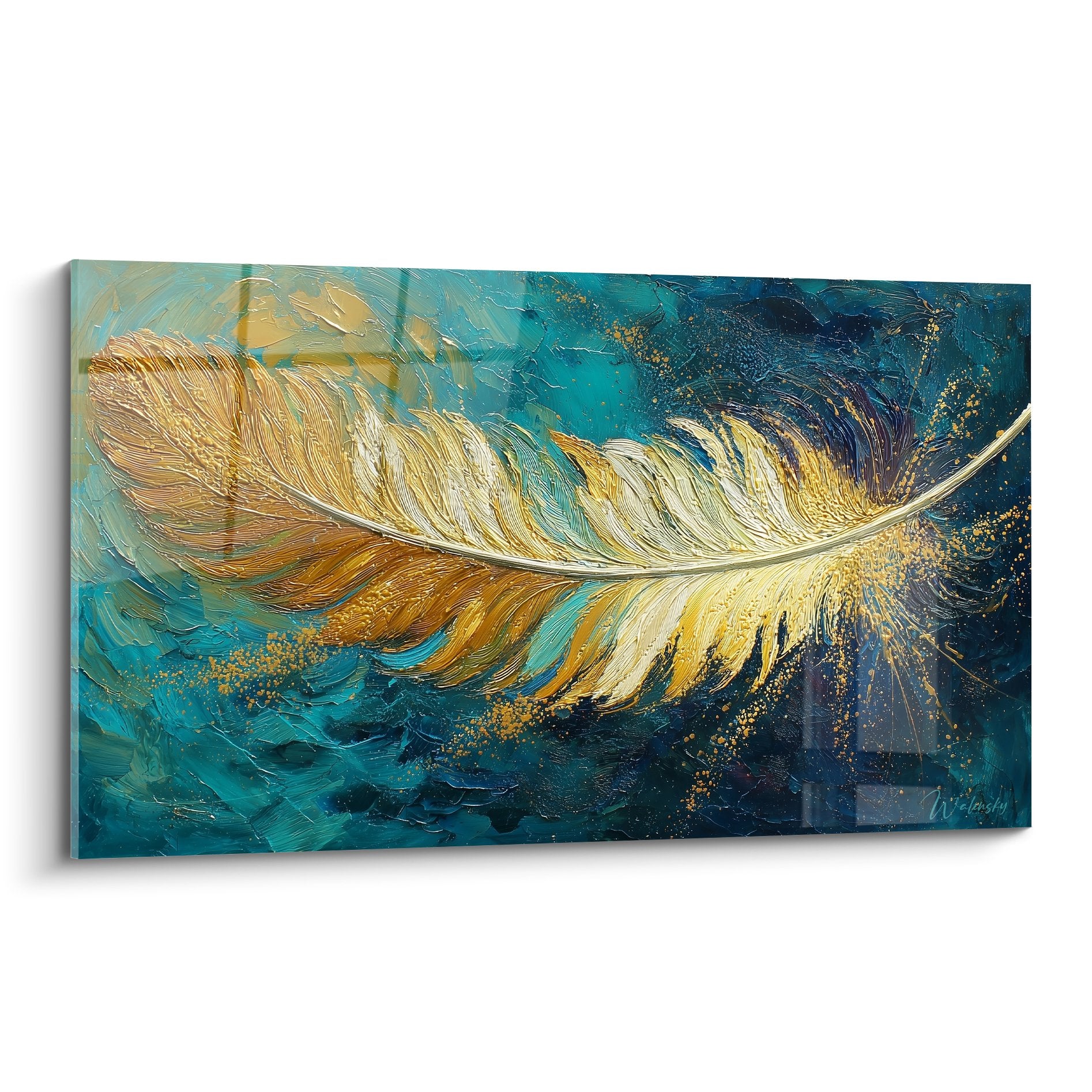 tableau plume doree turquoise bleu marine peinture texturee effet or decoration murale