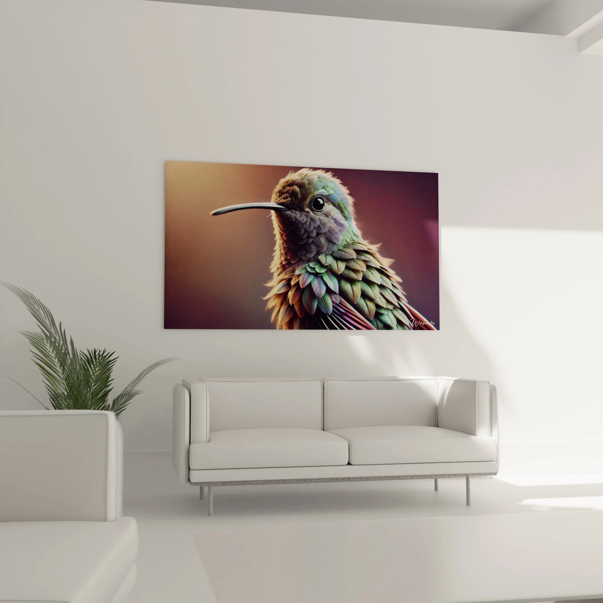 tableau colibri au dessus du canape dans un salon moderne ses couleurs vives et ses nuances donnent vie a l espace ajoutant un charme unique pour un interieur lumineux et elegant