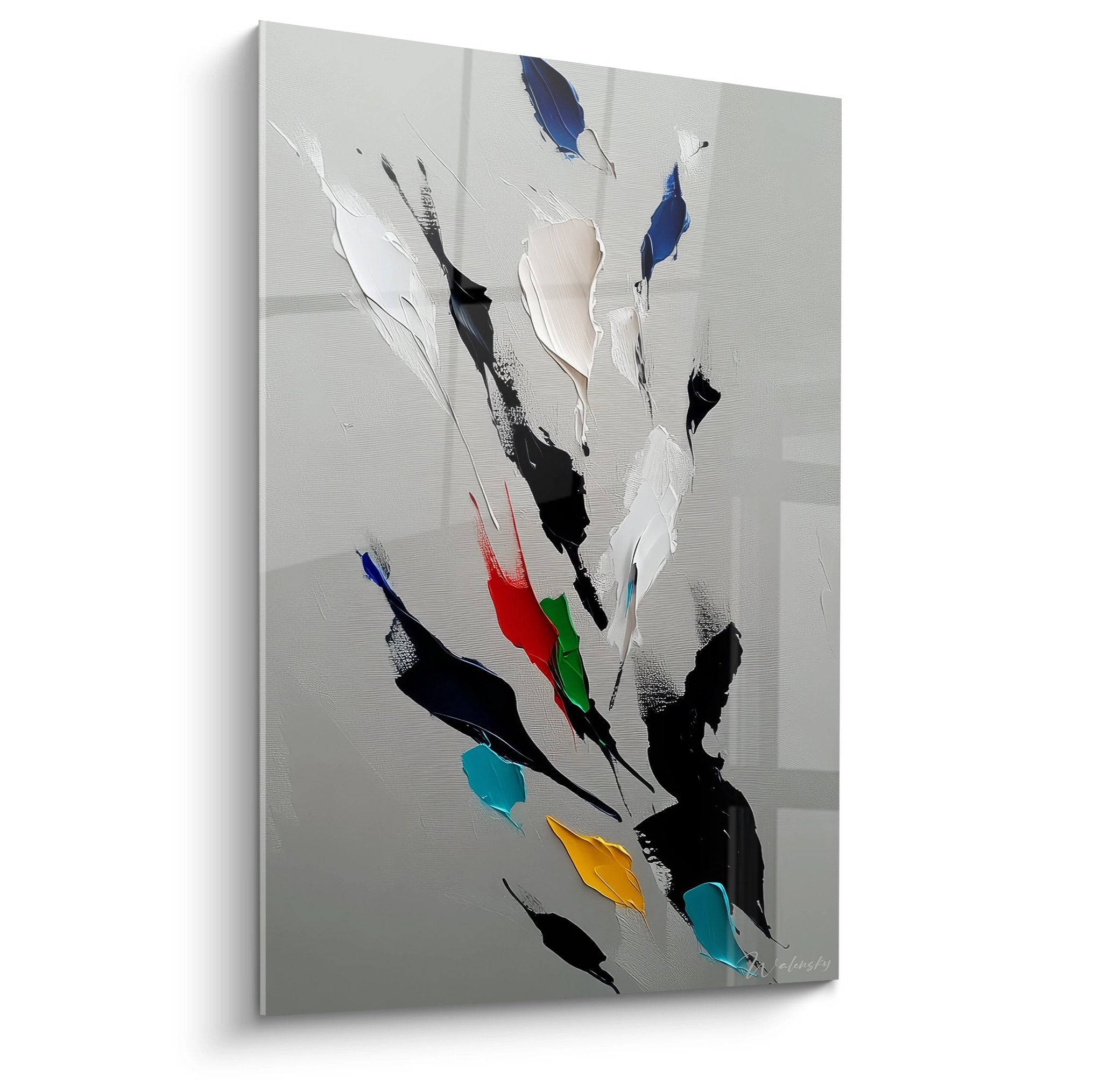 Abstrakte farbige Federn auf grauem Hintergrund, modernes minimalistisches Wandkunstwerk
