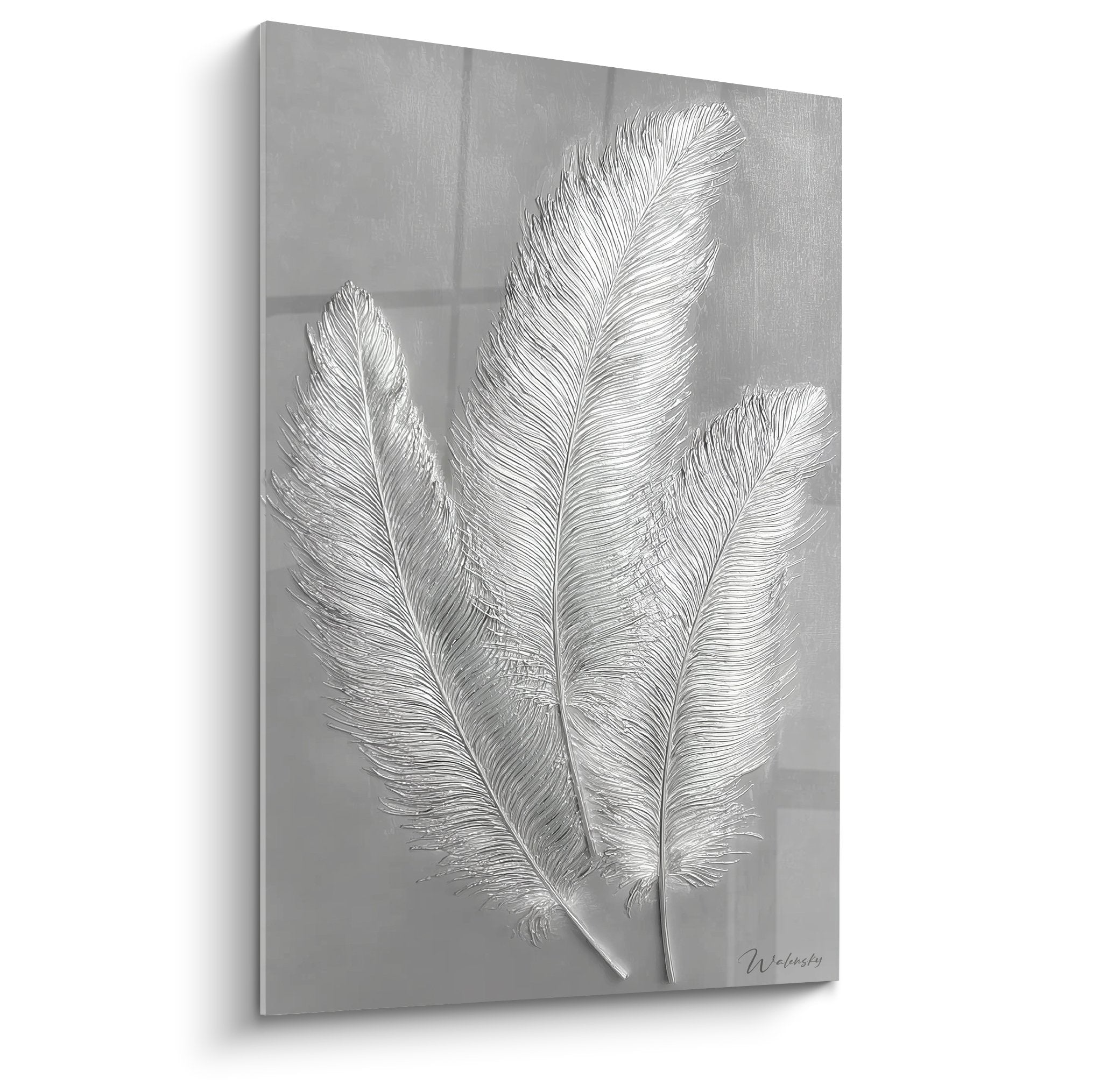 Decorative wall art three silver metallic feathers on gray background, elegant west metal feng shui wall decor