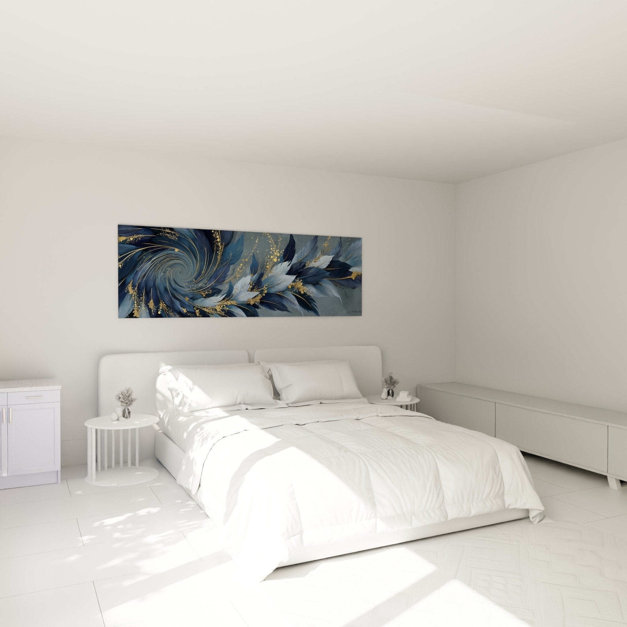 Tableau plumes bleues et or comme tete de lit dans chambre moderne decoration murale panoramique