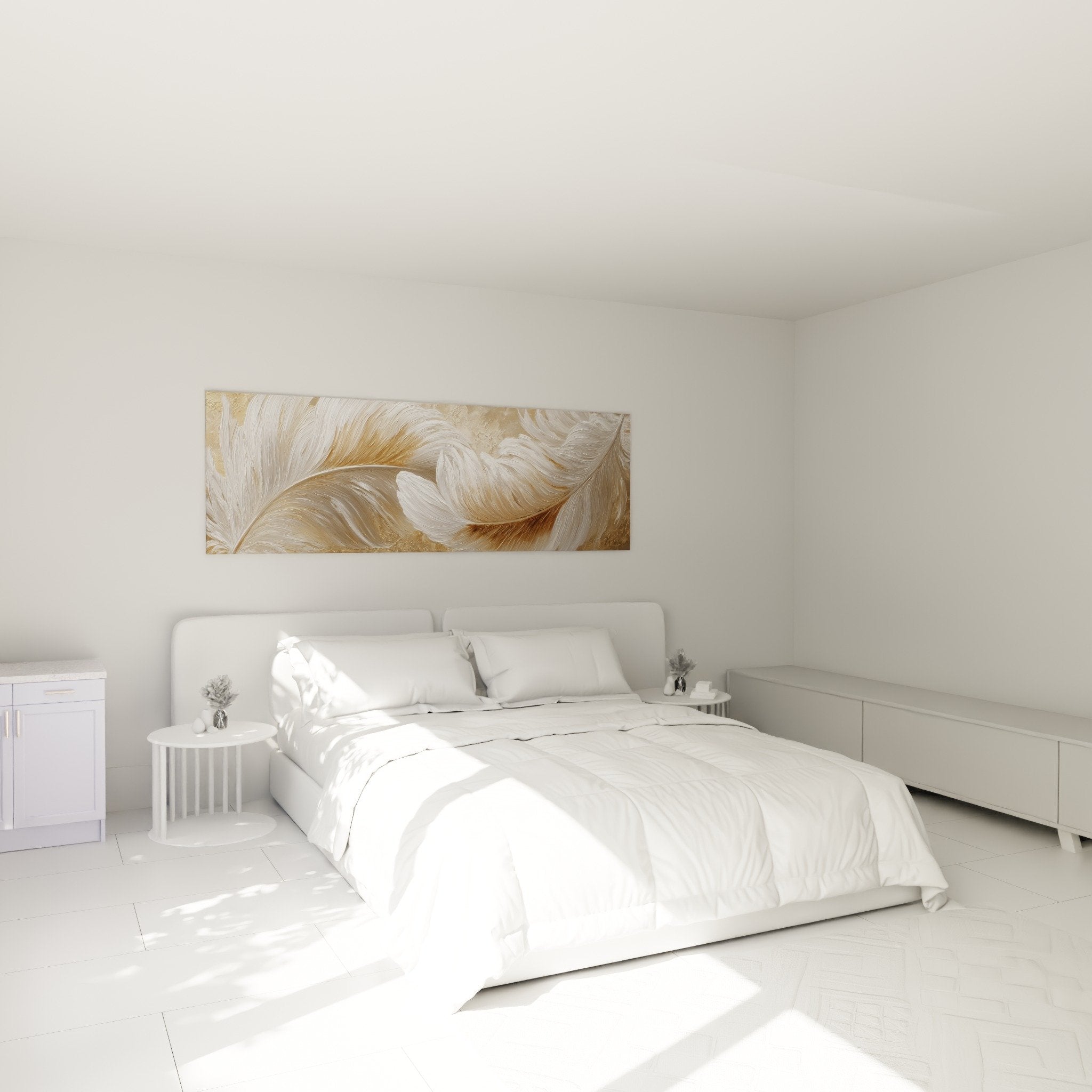 Tableau plumes nacrées beiges blanches chambre parentale tête de lit édition plume