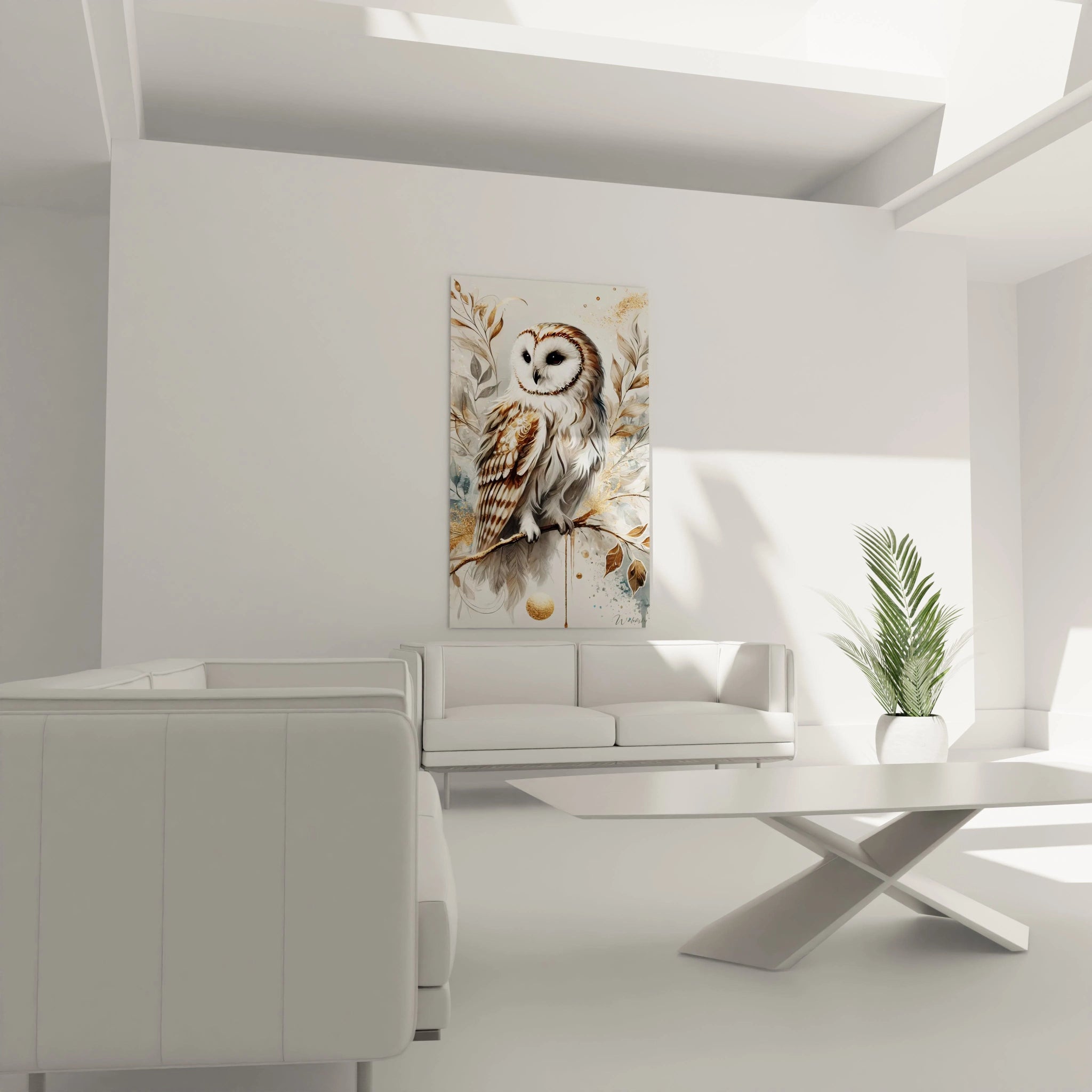 Tableau chouette au-dessus du canapé, idéal pour un salon moderne. Les couleurs naturelles et les éléments décoratifs créent une atmosphère apaisante et raffinée.