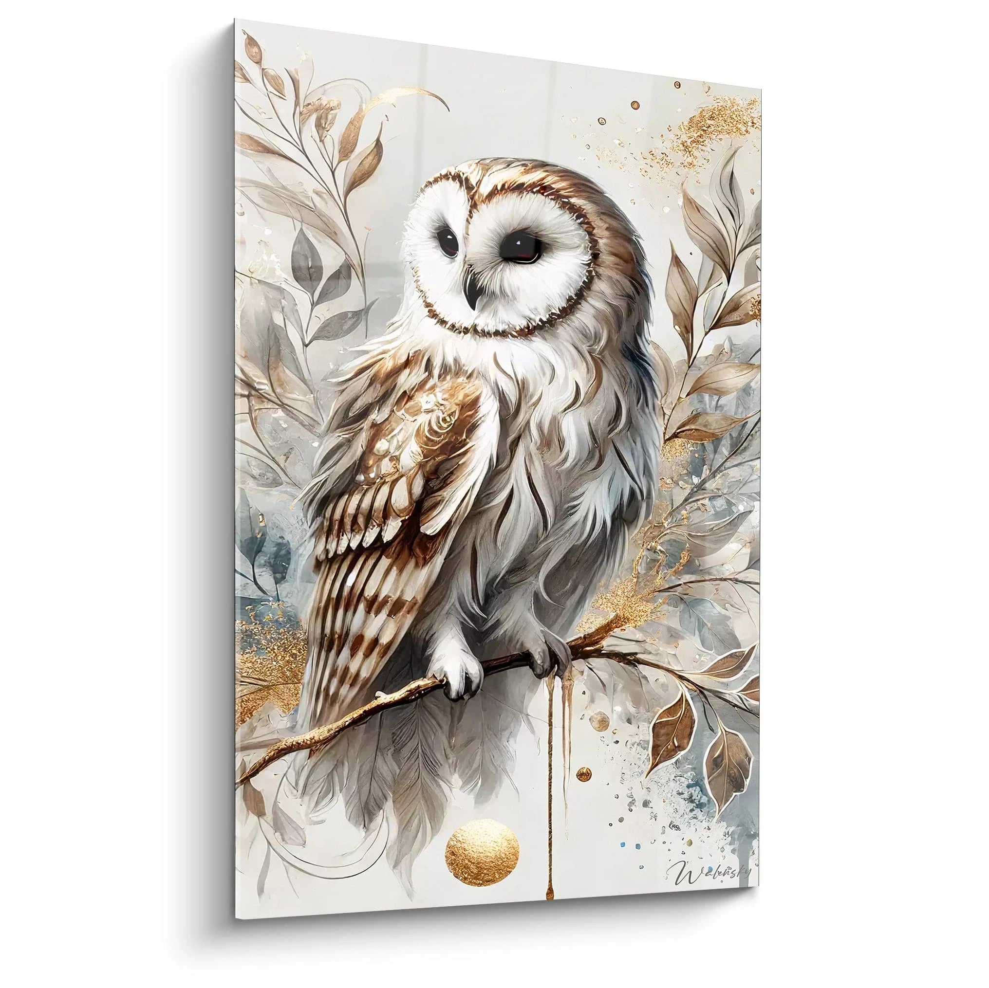 Tableau chouette vue de biais, détails subtils et nuances naturelles. Éclats dorés apportant élégance et raffinement. Une touche artistique pour votre intérieur.