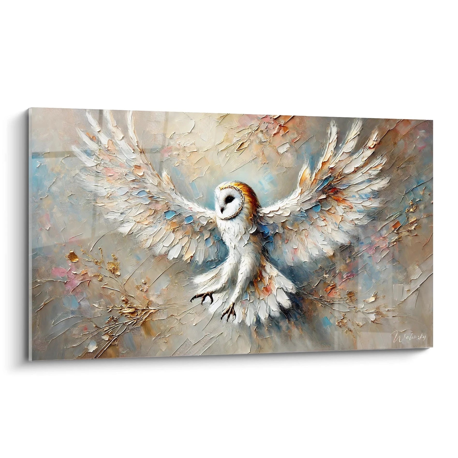 Tableau chouette fascinant avec chouette majestueuse en vol. Aspect texturé apportant du relief et des couleurs apaisantes pour une decoration unique.