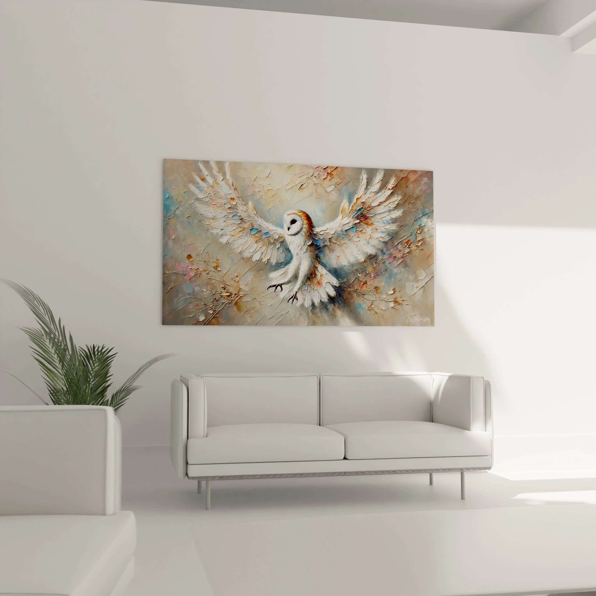 Tableau chouette au dessus du canapé pour une decoration chic et apaisante. Couleurs beige, blanc et or pour une ambiance raffinée et naturelle.