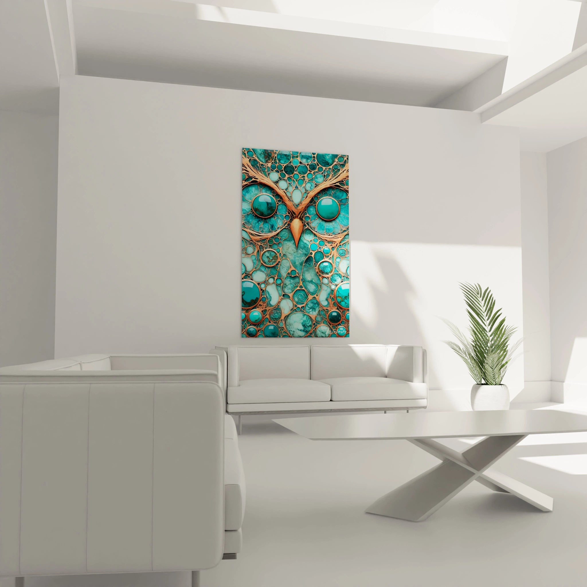 Le tableau style epoxy accroché au-dessus du canapé dans un salon. La chouette en turquoise et les textures métalliques créent une ambiance intrigante, apportant une touche naturelle et moderne à votre espace.