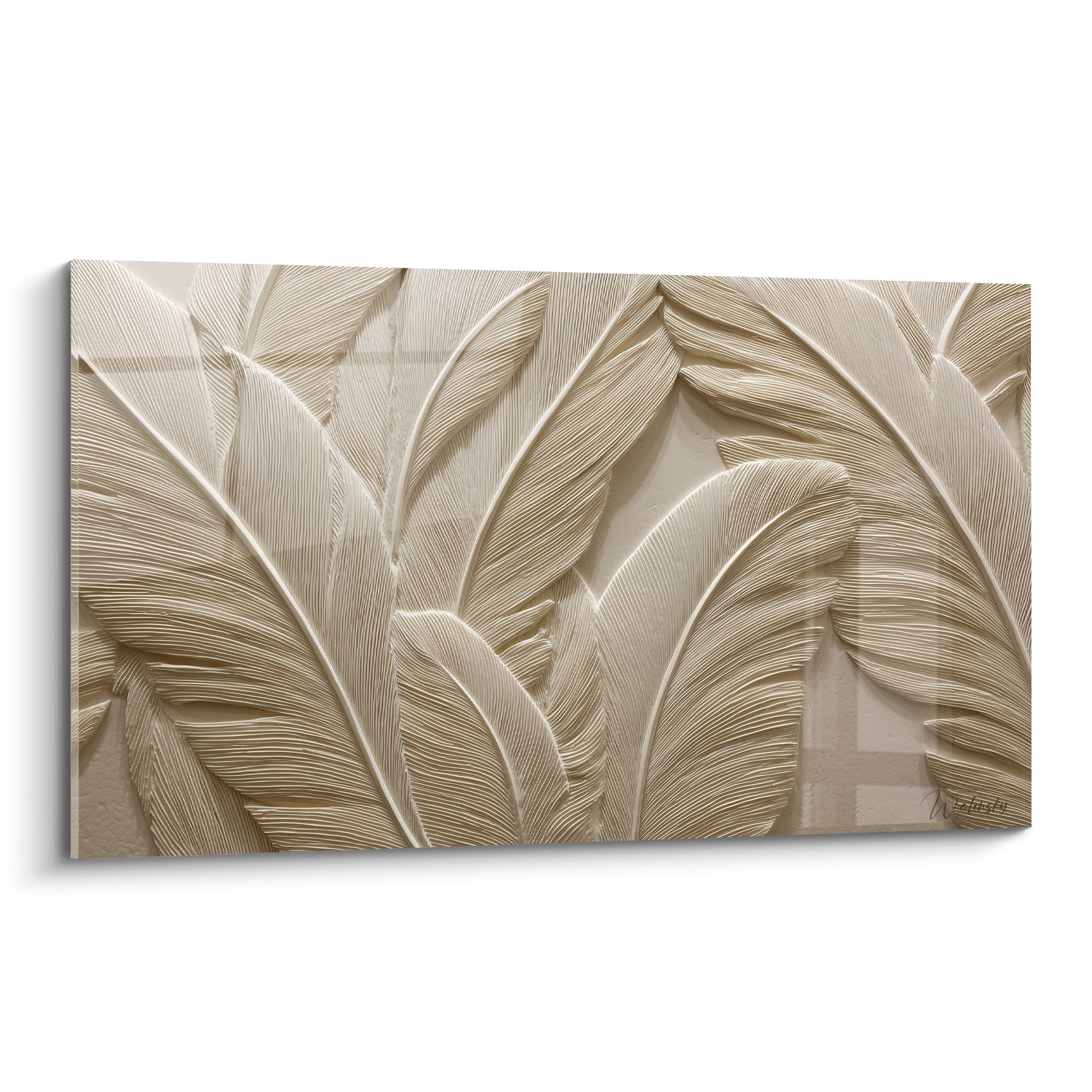 Gold feather relief artwork with sculptured three-dimensional texture in natural beige and champagne tones