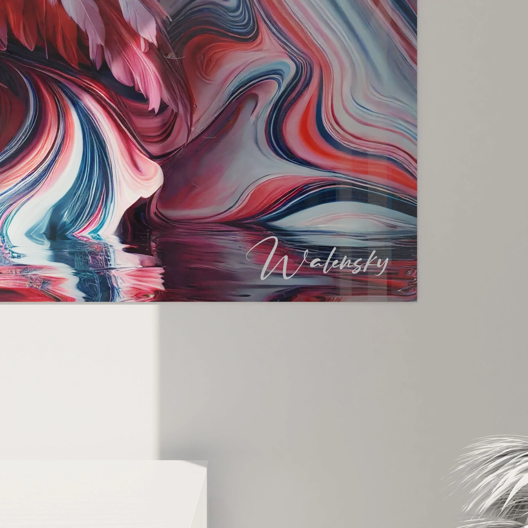 Vue rapprochée d'un angle en bas à droite d'un tableau Essence Sauvage en verre acrylique - Détails de qualité exceptionnelle - Art mural géant avec finition parfaite - Décoration murale inspirée par la nature - Matériaux de haute qualité et design naturel