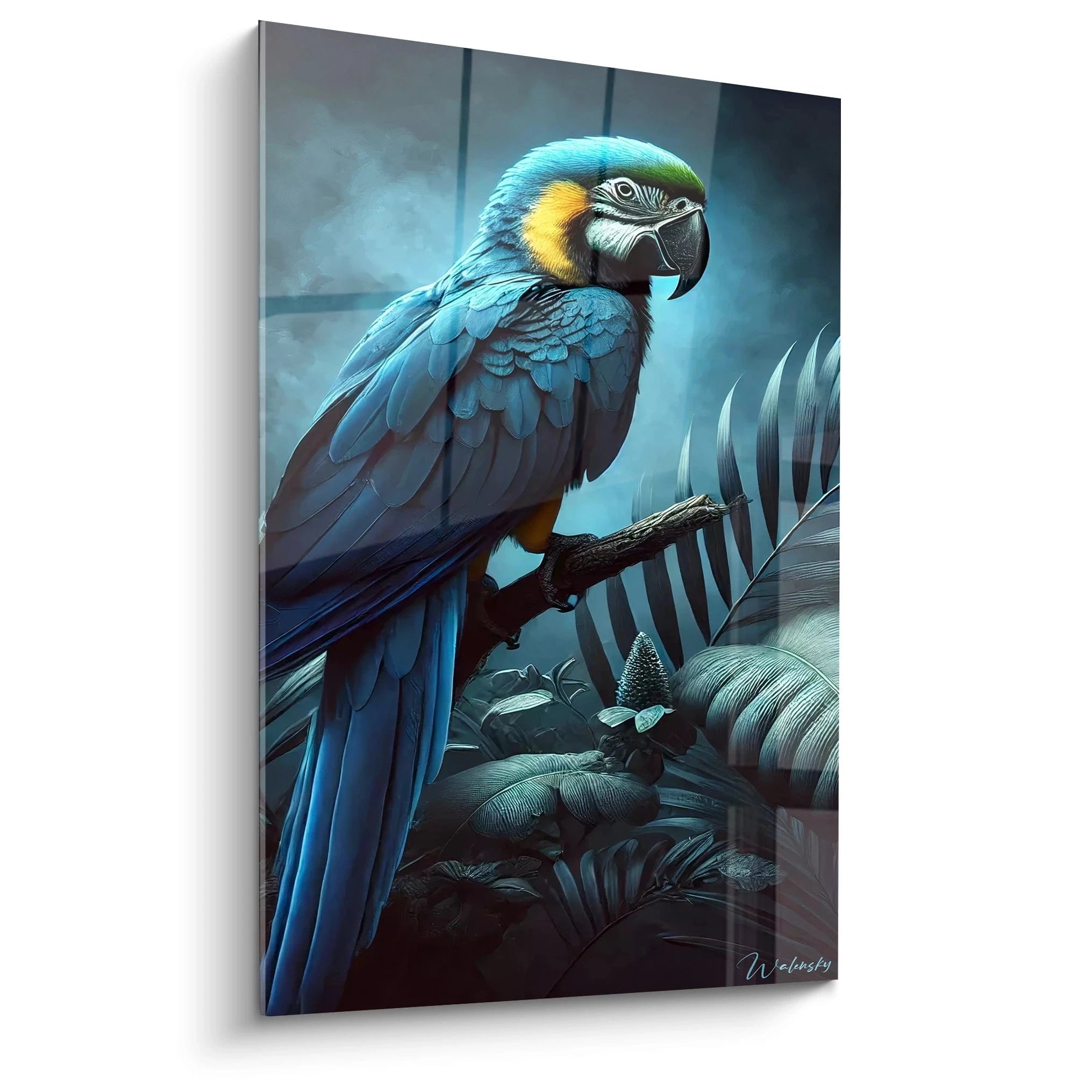 Ce tableau perroquet captivant dévoile un oiseau majestueux sur une branche dans une jungle tropicale. Les nuances de bleu et de jaune sur son plumage créent un contraste élégant avec la végétation mystérieuse.