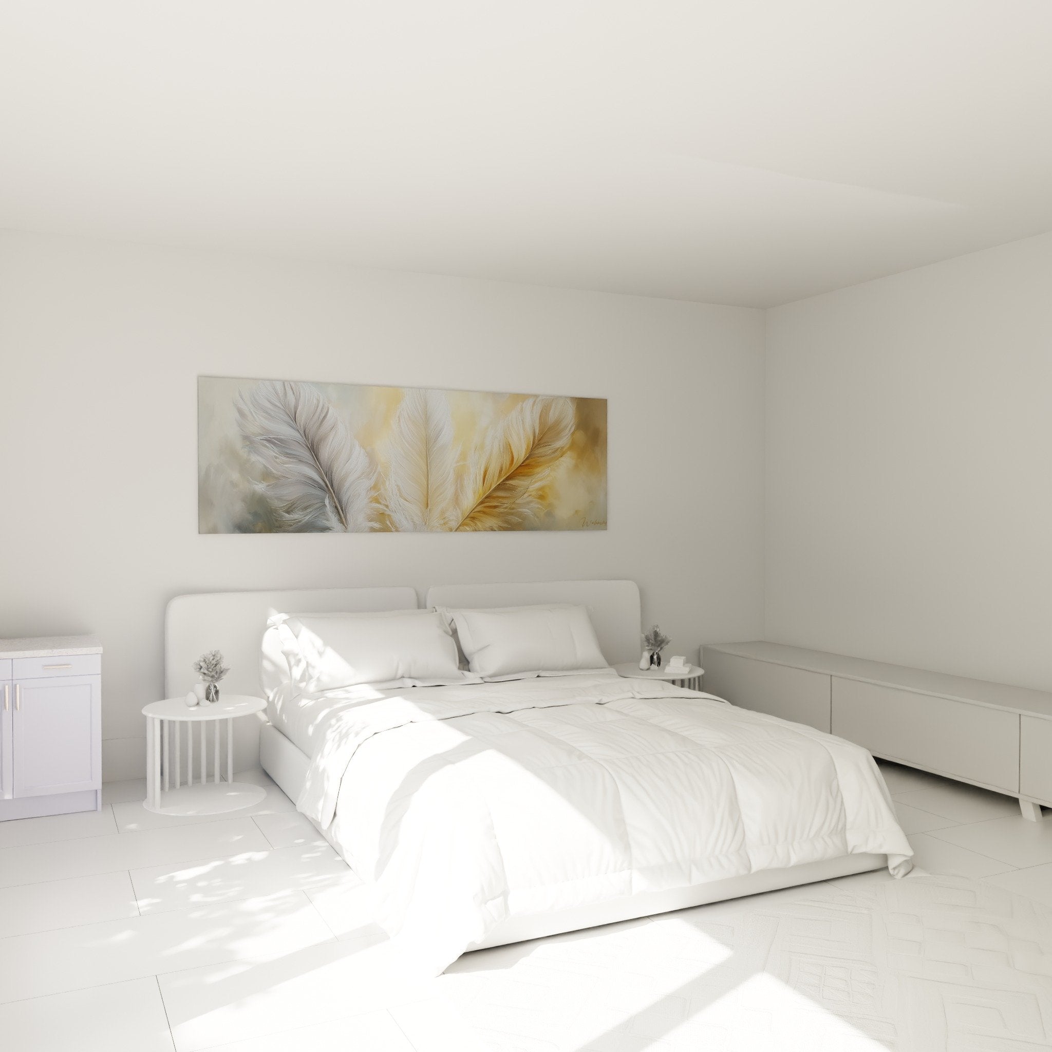 Tableau plumes etherees gris dore installe dans chambre moderne avec decoration minimaliste et lumiere douce