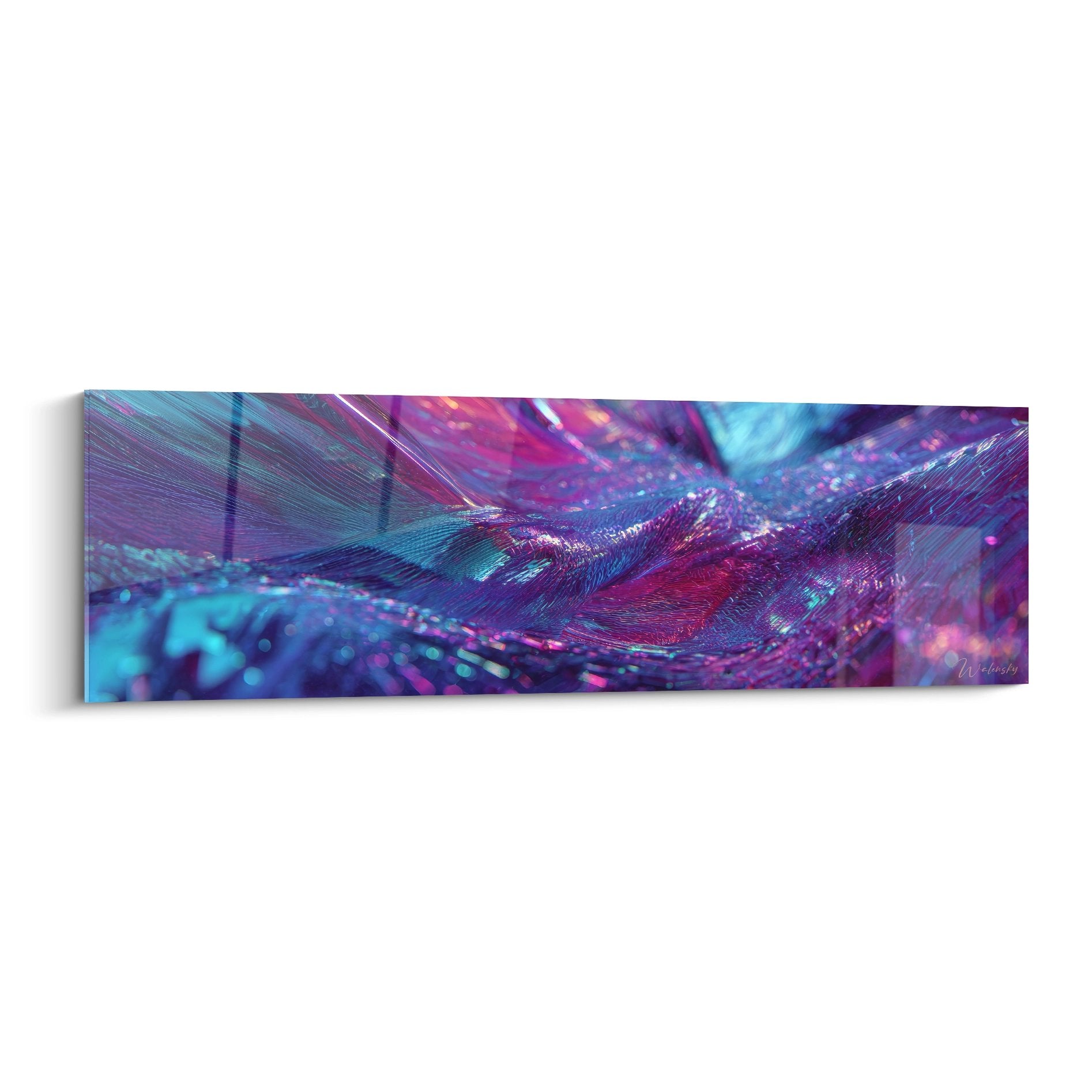Tableau mural plumes iridescentes violet turquoise style futurisme abstrait décoration moderne