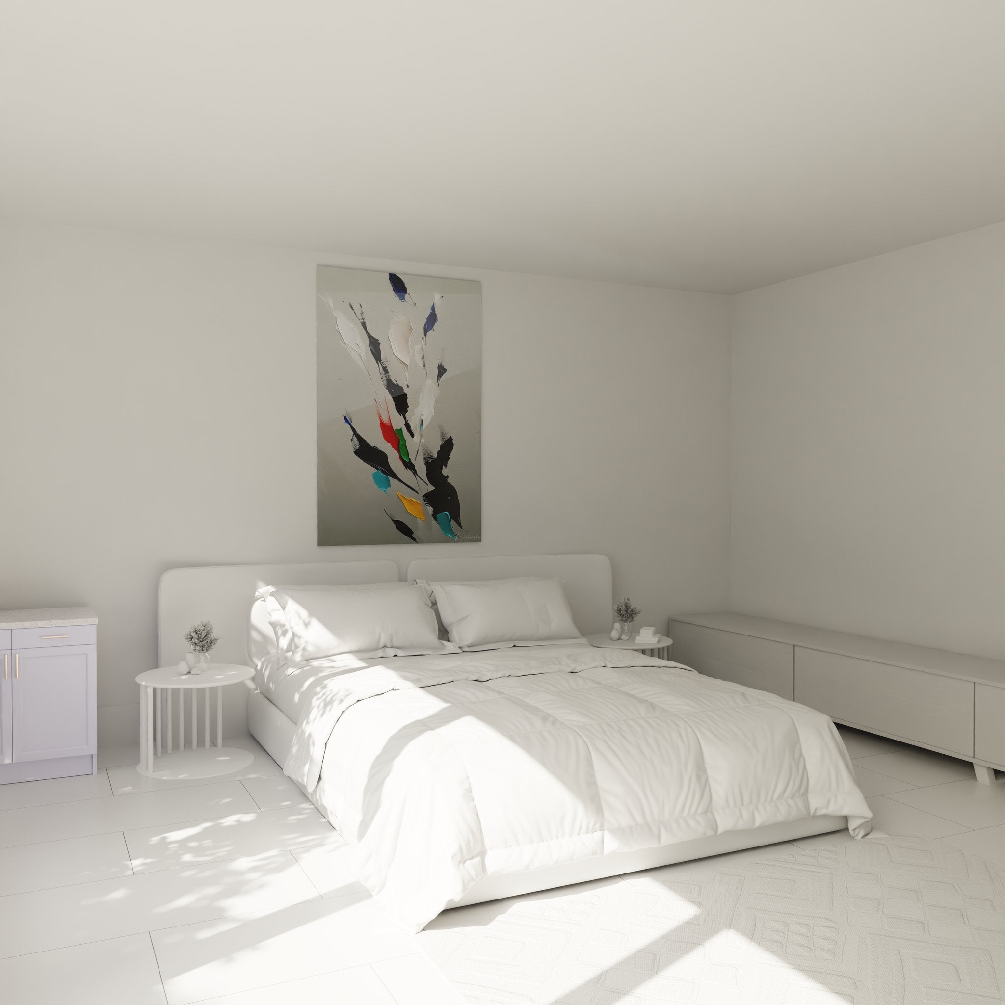 Minimalistische Federnleinwand im modernen Schlafzimmer, zeitgenössische Wanddekoration