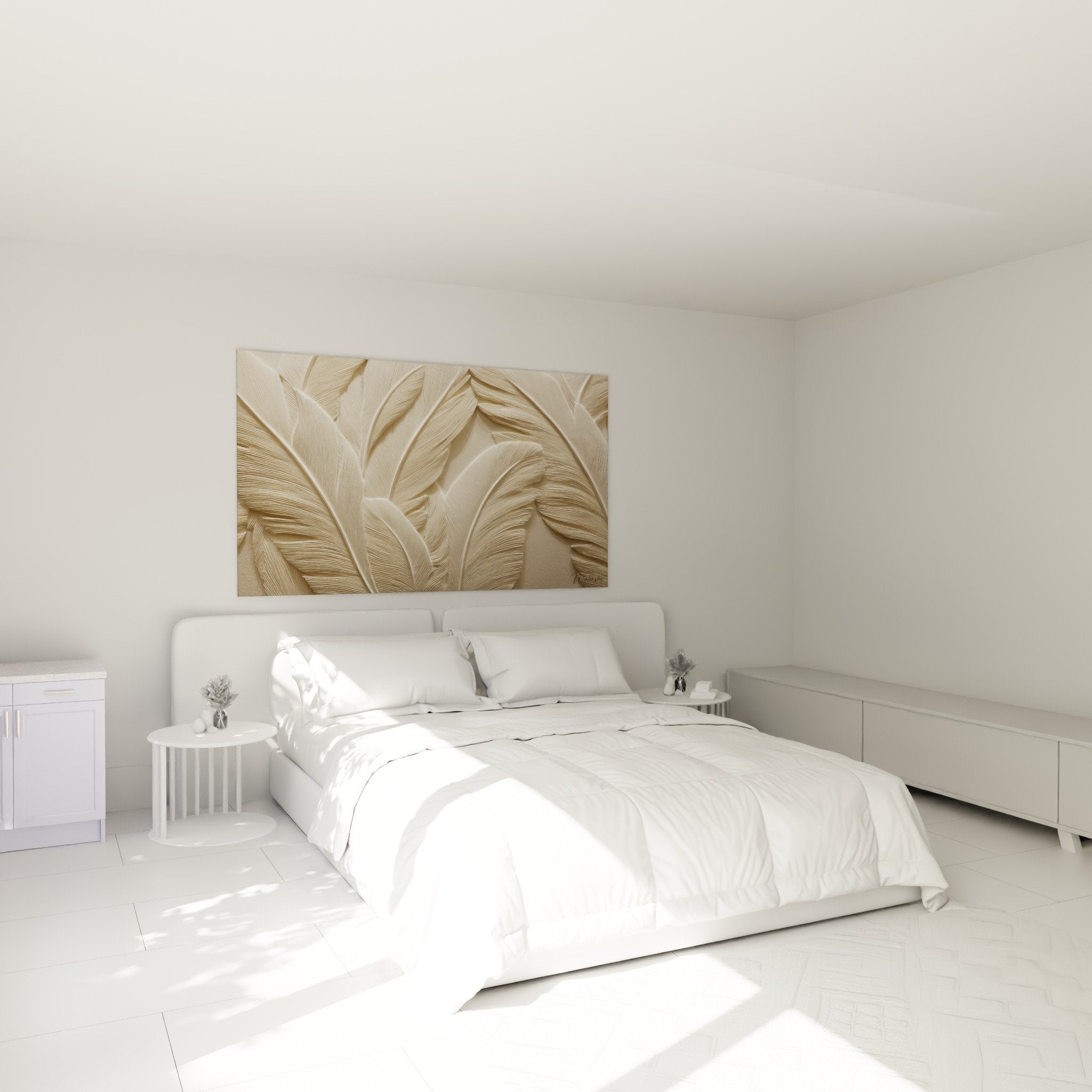 Golden feathers relief wall art in modern bedroom cosy ambiance soothing wall decoration