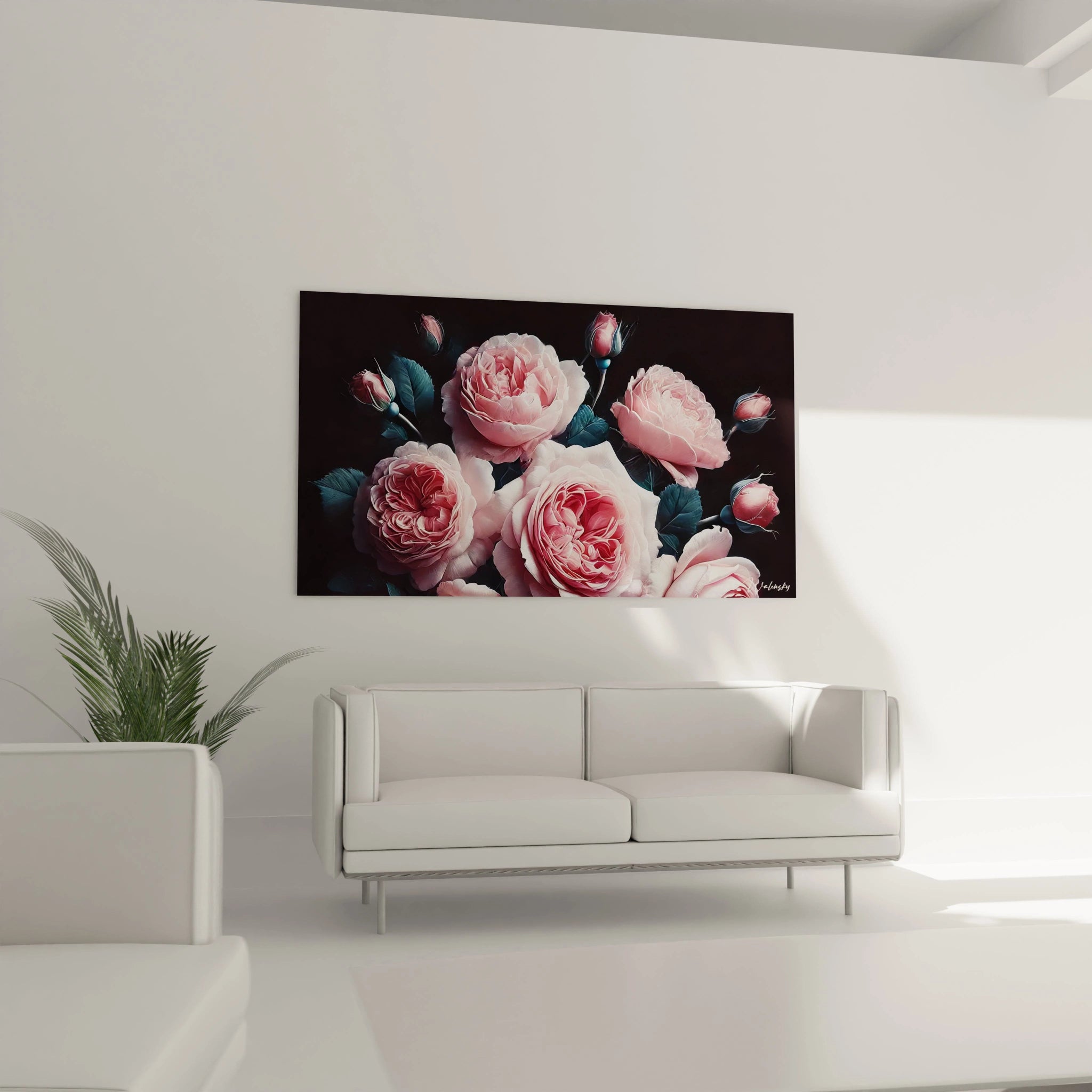 Dans un salon au-dessus du canapé, ce tableau Fleur offre une touche d élégance et de raffinement. Les roses vibrantes ressortent sur le fond sombre, ajoutant profondeur et chaleur a la decoration.