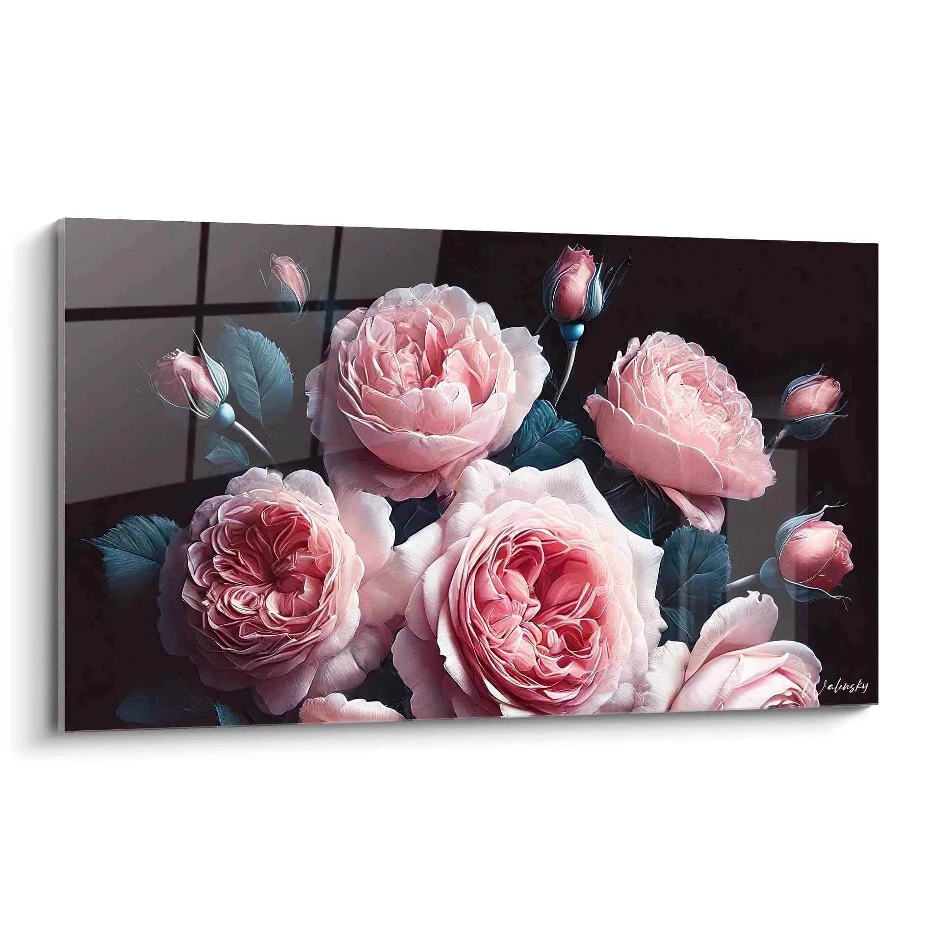 Ce tableau Fleur vue de biais revele chaque petale de rose dans des tons subtils. Un contraste sombre met en lumiere la beaute intemporelle des roses, une veritable celebration de l amour et de la passion.