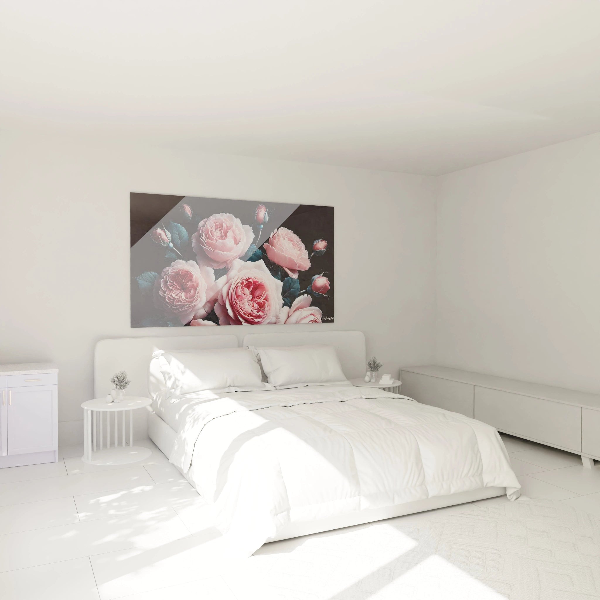 Accroche dans une chambre, ce tableau Fleur sublime l ambiance romantique au-dessus du lit. Les roses, dans un contraste noir, apportent elegance et serenite a cet espace intime.