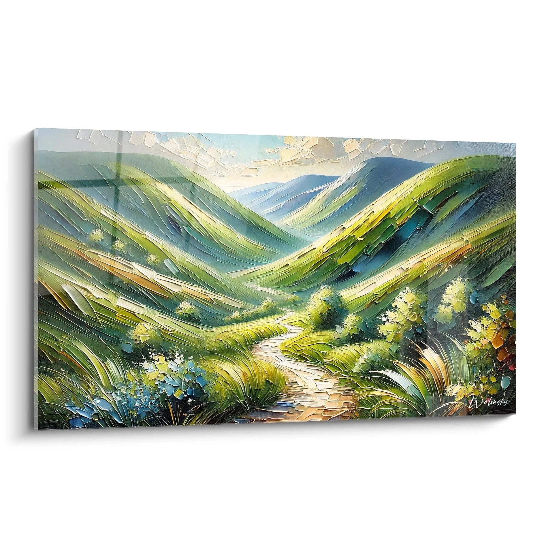 Admirez le tableau Montagne, une œuvre contemporaine qui évoque la sérénité des vallées. La lumière douce met en valeur les collines ondulantes et la végétation luxuriante.