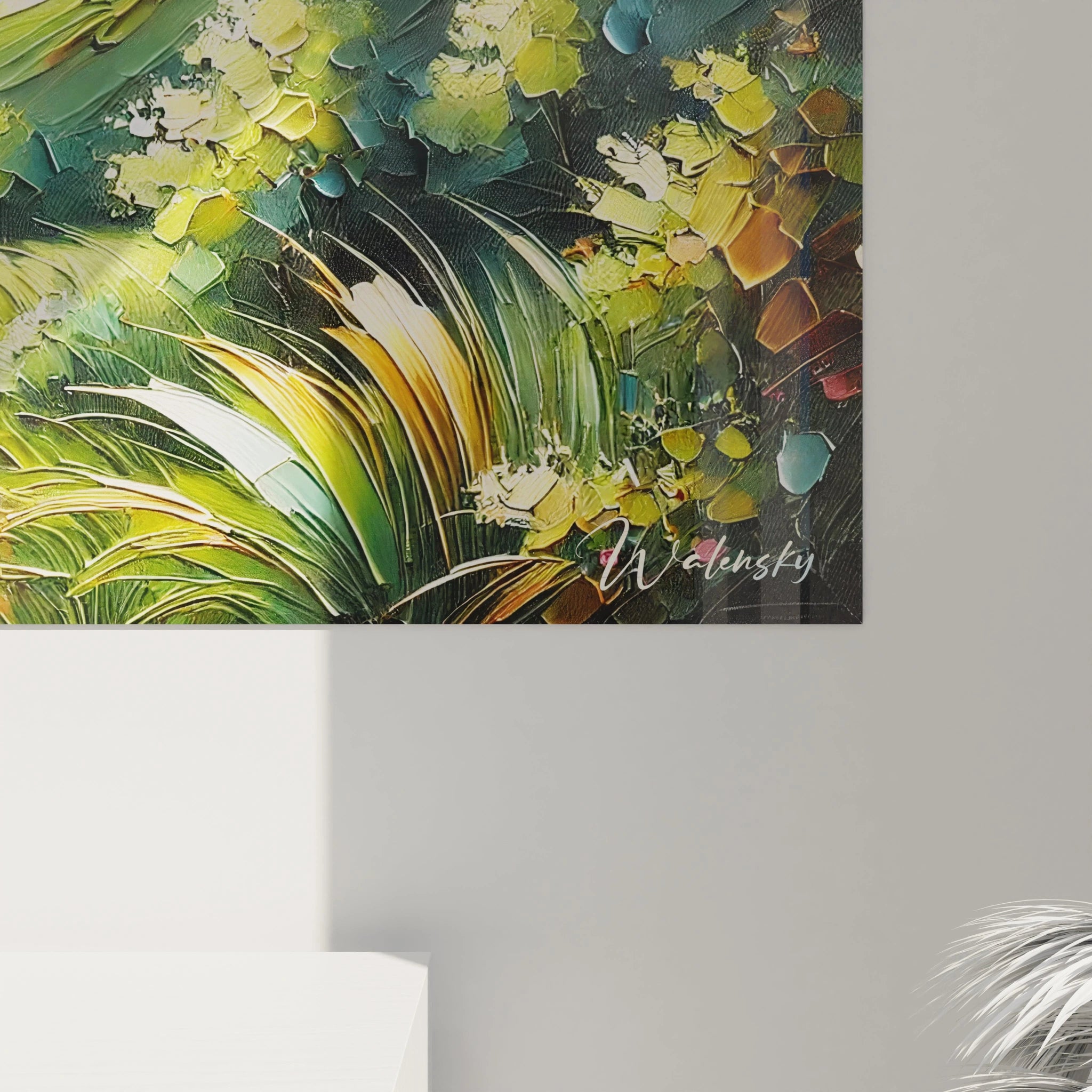 Découvrez les détails du tableau Montagne de près. Les nuances de vert, bleu et jaune capturent la beauté des paysages montagneux, offrant un véritable voyage contemplatif.