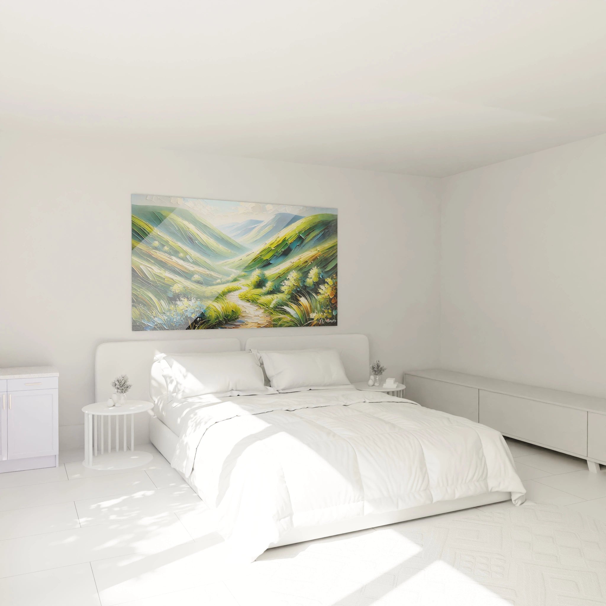 Le tableau Montagne apporte une touche de tranquillité à votre chambre. Accroché au-dessus du lit, il invite à la contemplation des paysages vallonnés en toute harmonie.