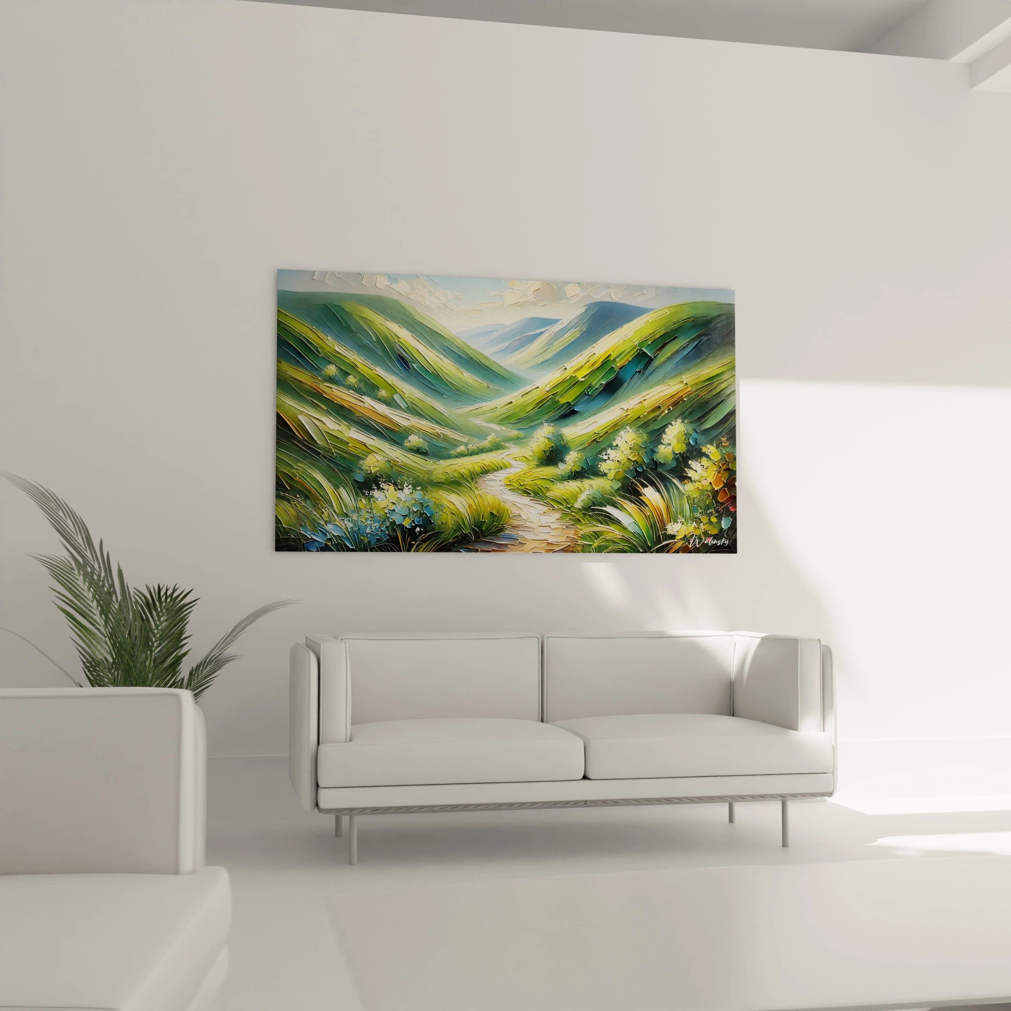 Dans votre salon, le tableau Montagne devient le point focal au-dessus du canapé. Ses couleurs vibrantes et textures prononcées enrichissent l'ambiance de votre espace.