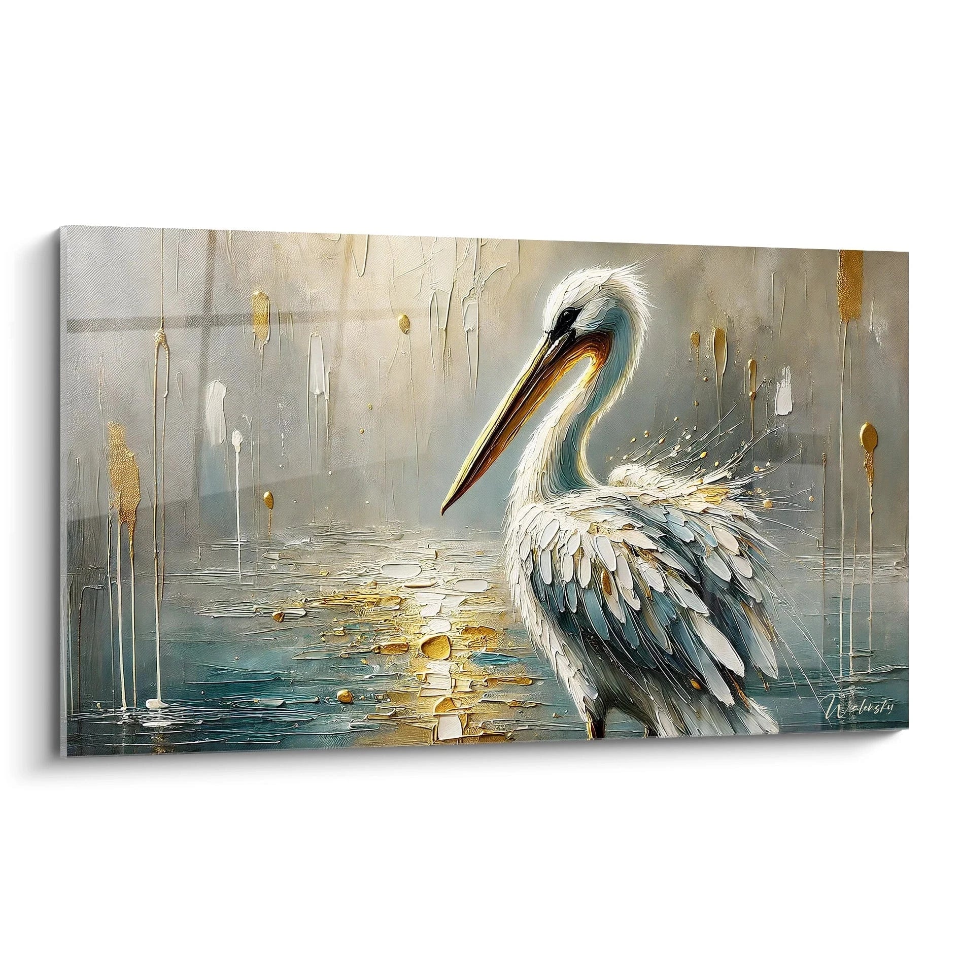 tableau pelican en vue de biais capture la beaute mystique de l oiseau en symbiose avec son environnement doré. Chaque detail des plumes est soigneusement sculpte pour donner une texture unique