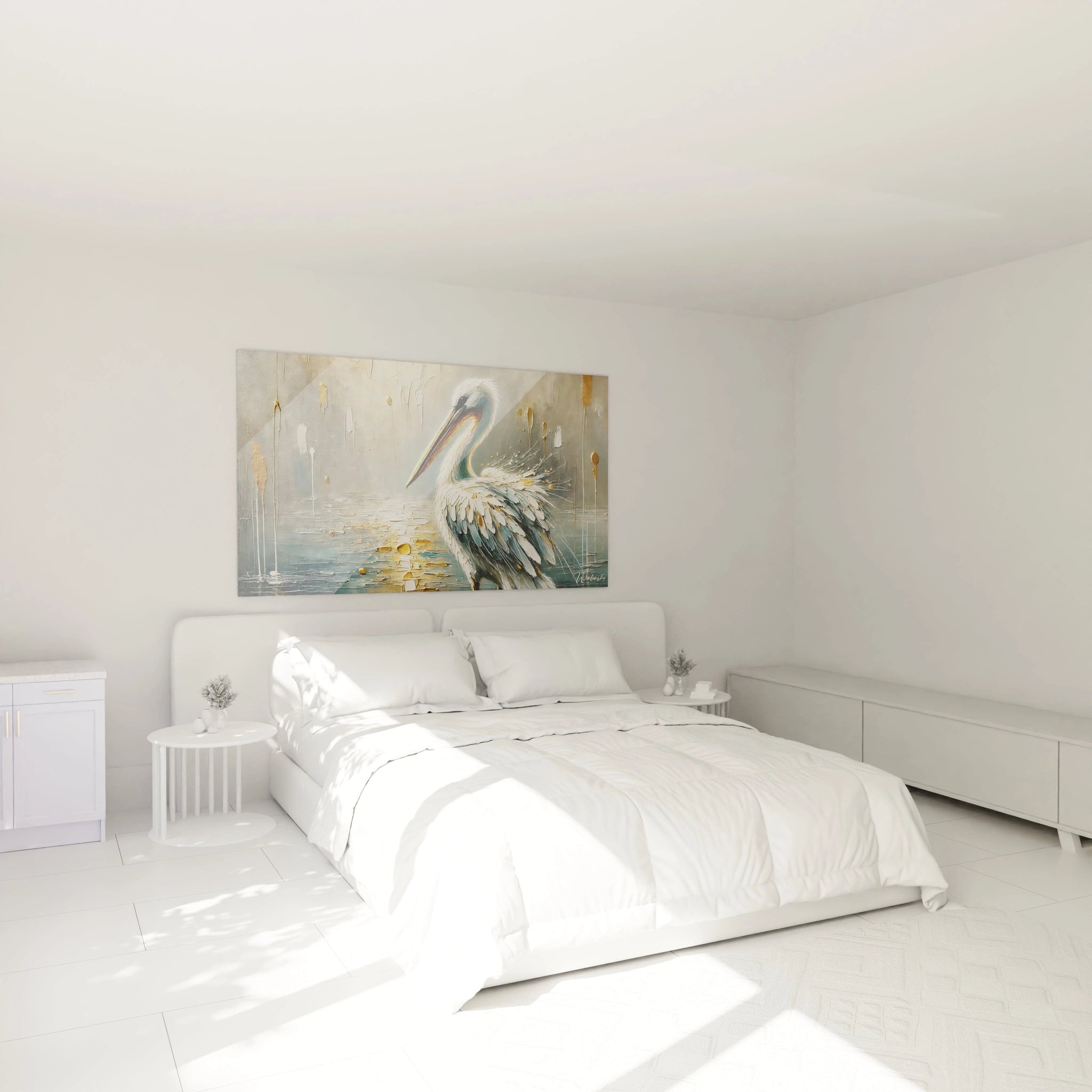 accroche dans une chambre, le tableau pelican ajoute une touche sereine et mystique a votre decor. L eclat dore et les details subtils des plumes apportent calme et elegance a votre espace