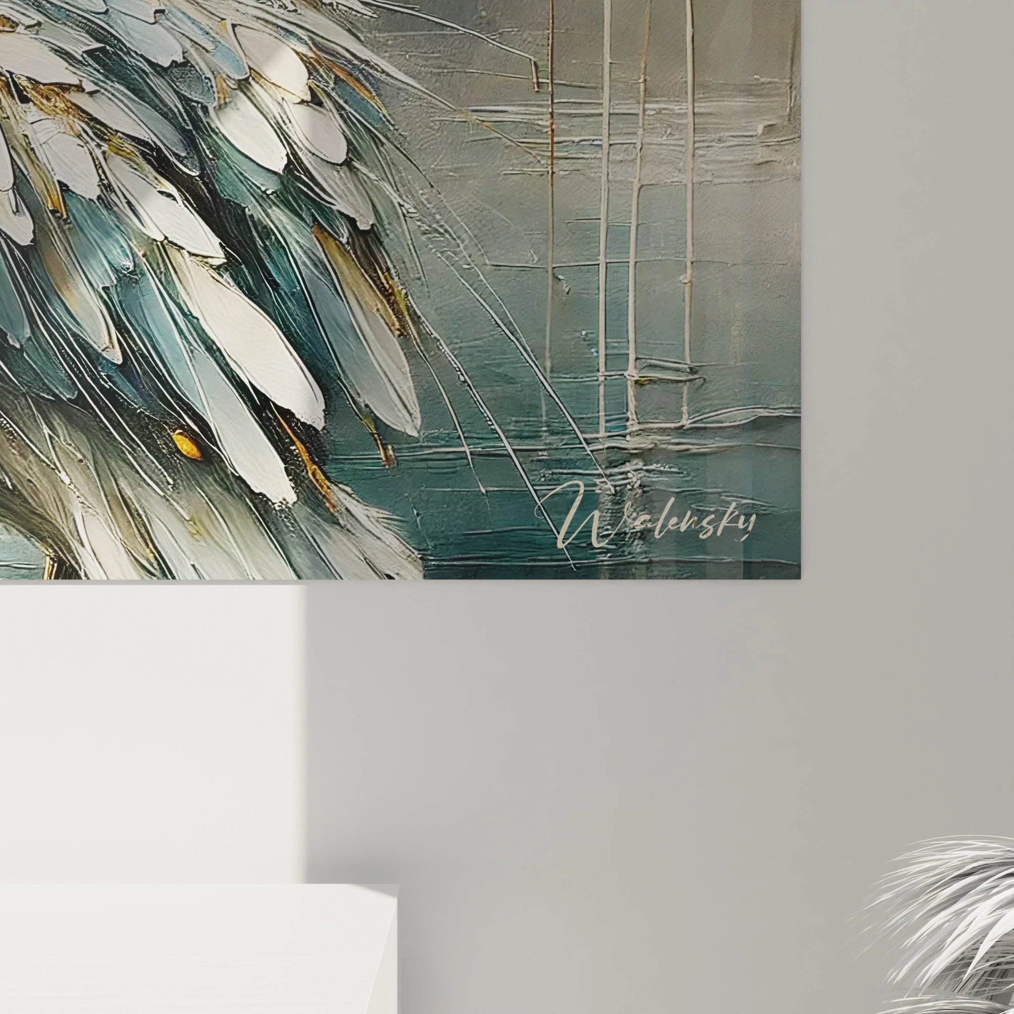 vue de pres, chaque detail du tableau pelican revele une texture riche et des nuances dorees qui ajoutent de la profondeur a l œuvre. Une fusion parfaite entre realisme et abstraction