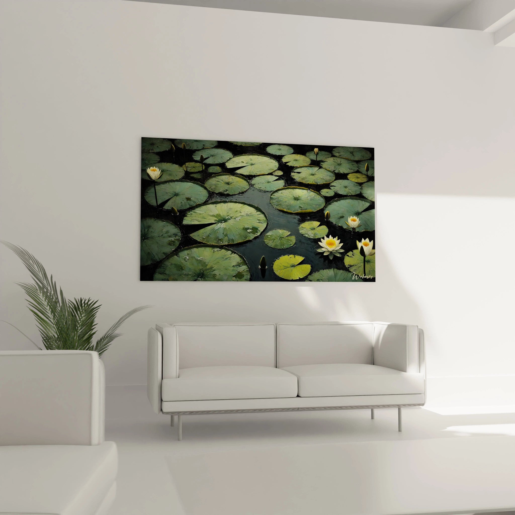 Tableau Nenuphare au-dessus d un canape dans un salon. Les reflets aquatiques et textures realistes apportent une touche de nature apaisante, parfait pour la contemplation.