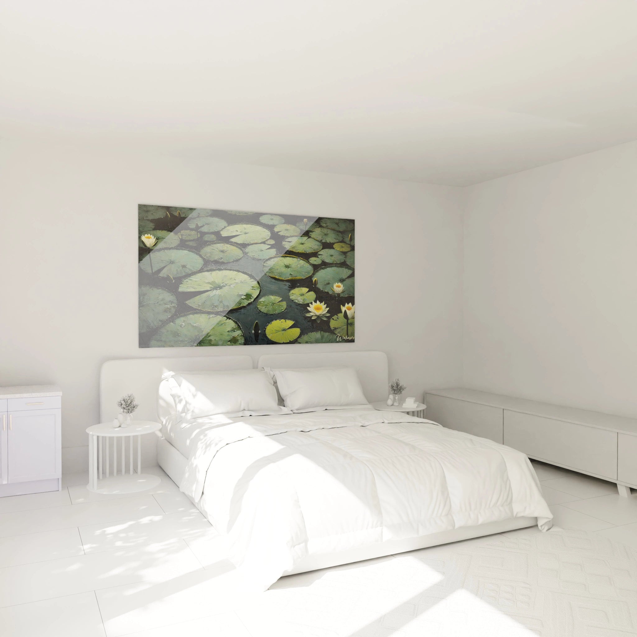 Tableau Nenuphare accroche dans une chambre au-dessus du lit, apportant calme et purete avec ses nuances de vert et ses fleurs blanches. Ideal pour creer une ambiance relaxante.