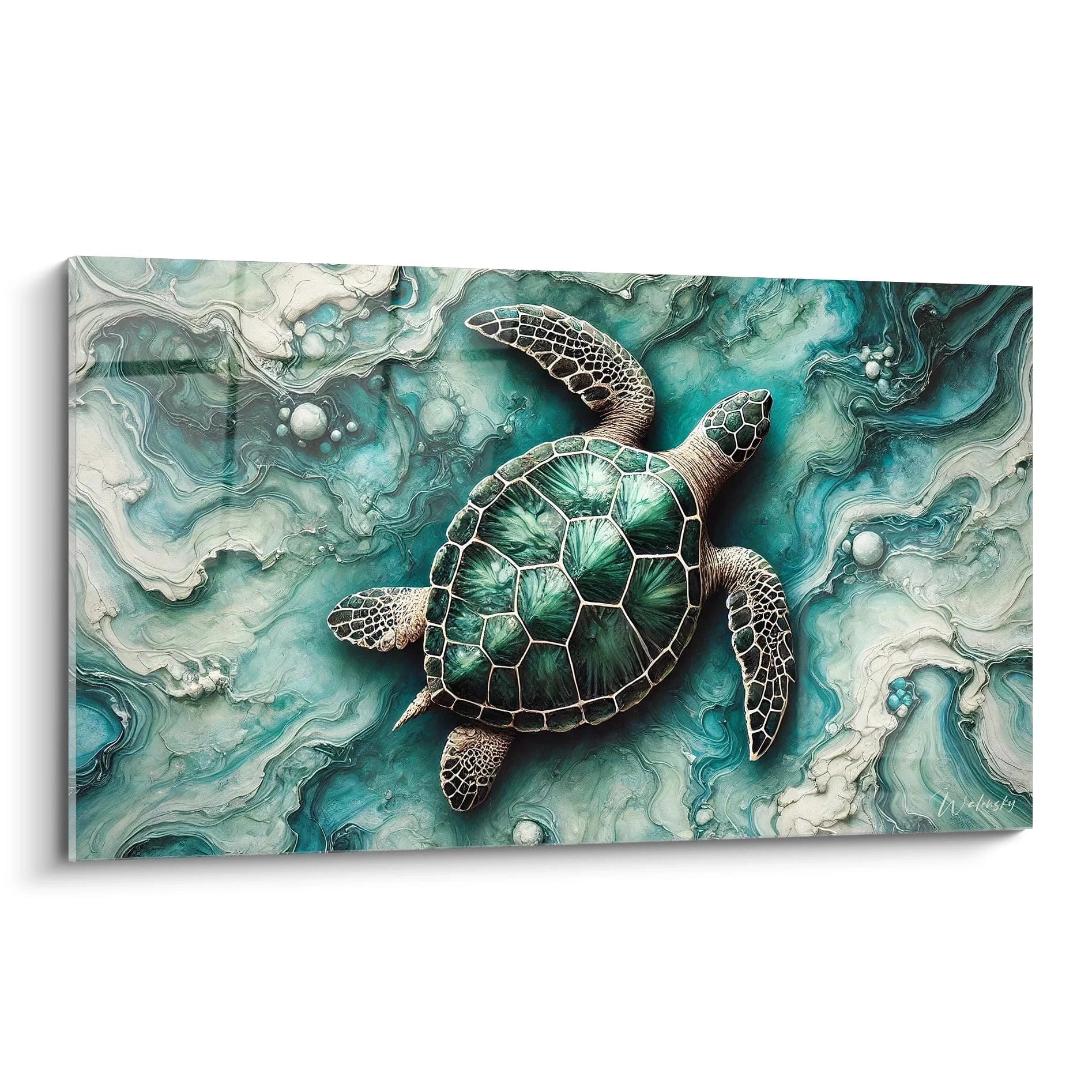 Admirez la finesse de ce tableau tortue de mer, vu de biais. Les details captivants de la carapace et des courants marins apportent une touche artistique unique et elegante a tout espace.